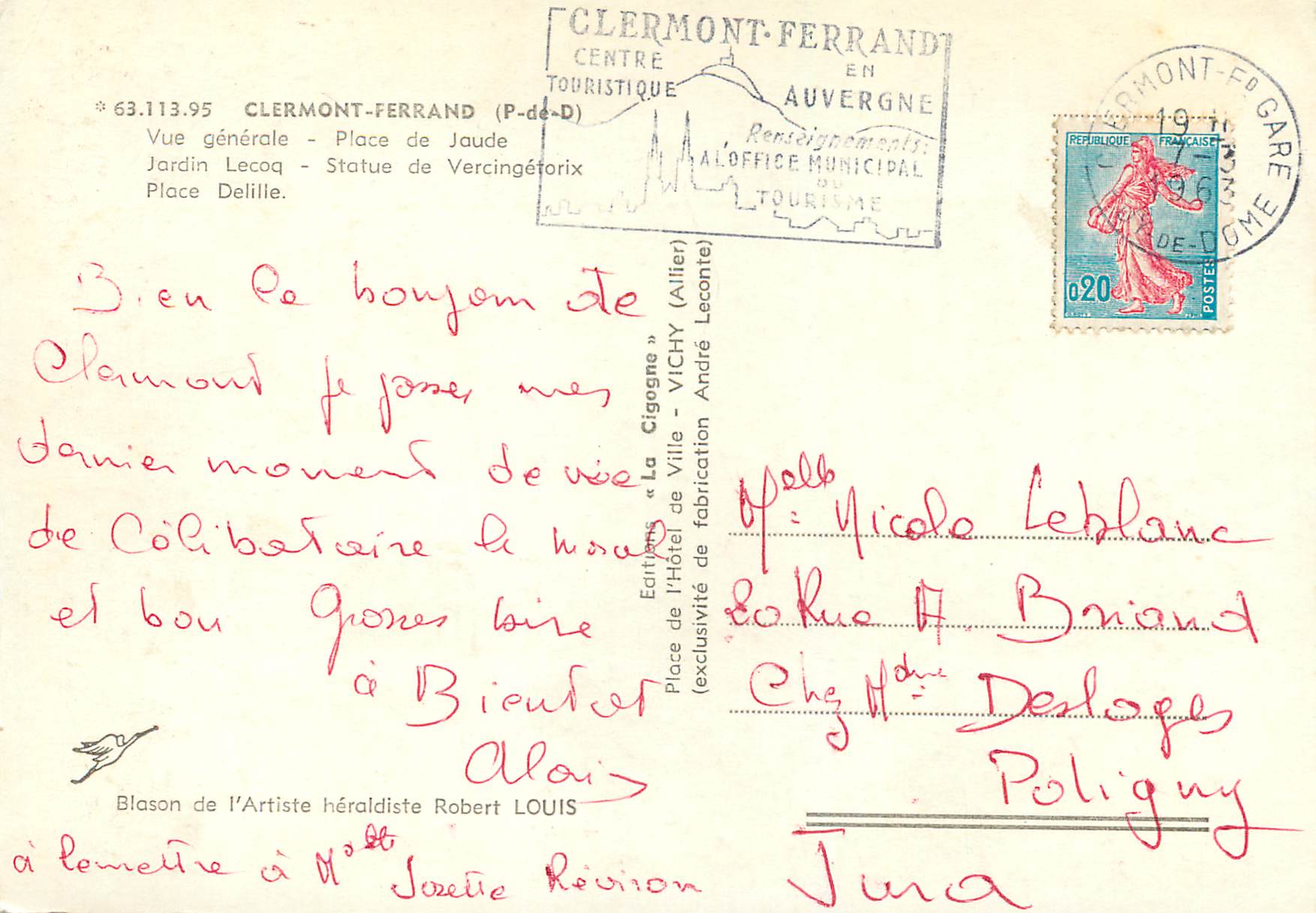 Clermont-Ferrand — vue générale avec Place de Jaude, Jardin Lecoq, Statue de Vercingétorix — Éditions « La Cigogne » — Rückseite