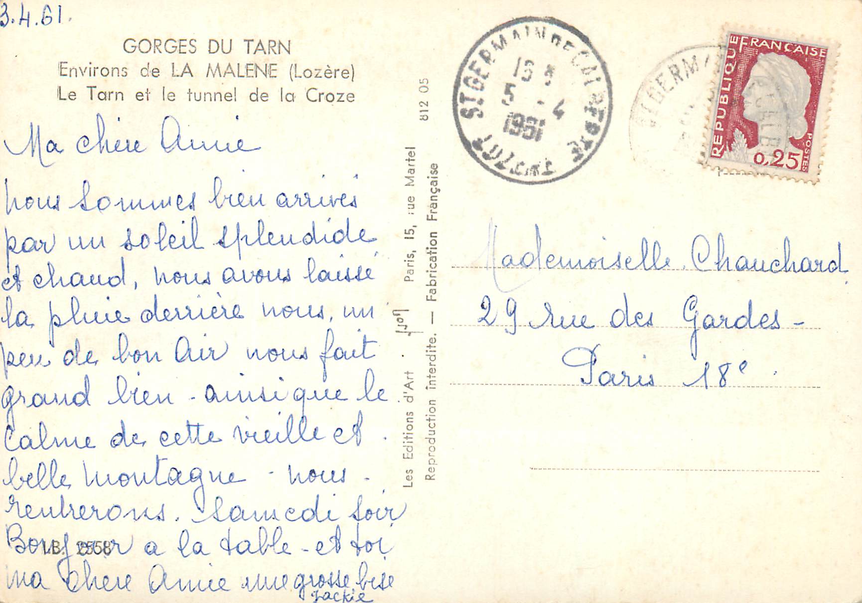 CPM Gorges du Tarn Environs de la Malene Lozere Le Tarn et le Tunnel de la Croze — Rückseite