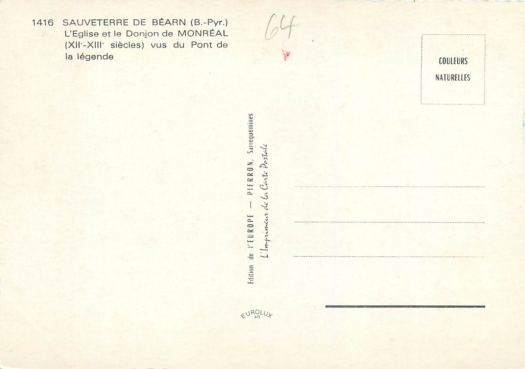 CPM Sauveterre de Bearn B Pyr L Eglise et le Donjon de Monreal vus du Pont du la legende — Rückseite