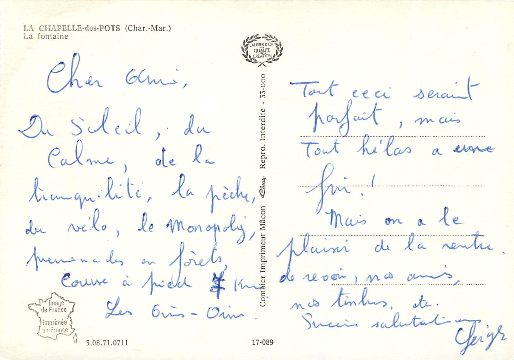 CPM La Chapelle des Pots Char Mar La fontaine — Rückseite