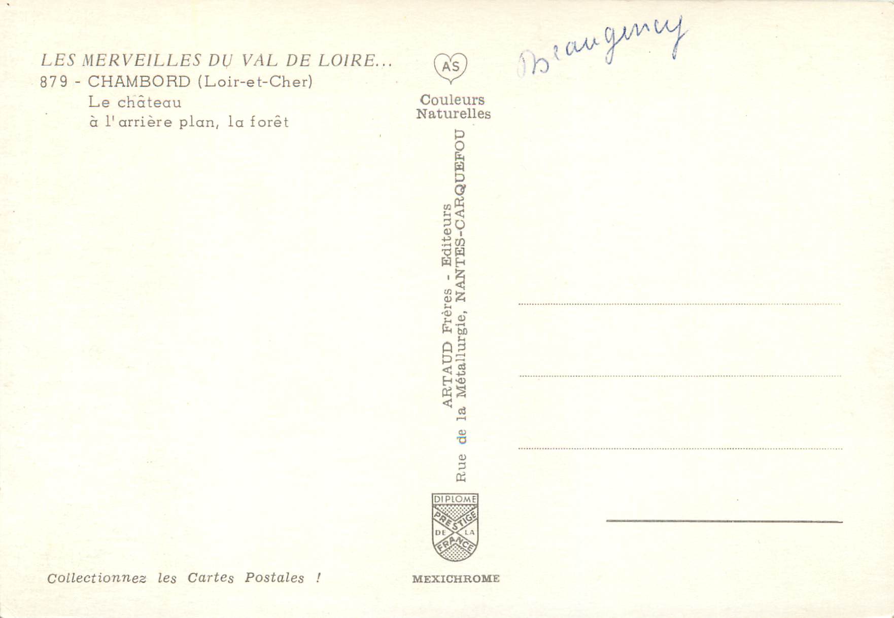 Chambord — Le château à l'arrière-plan, la forêt — Artaud Frères, Nantes — Verso