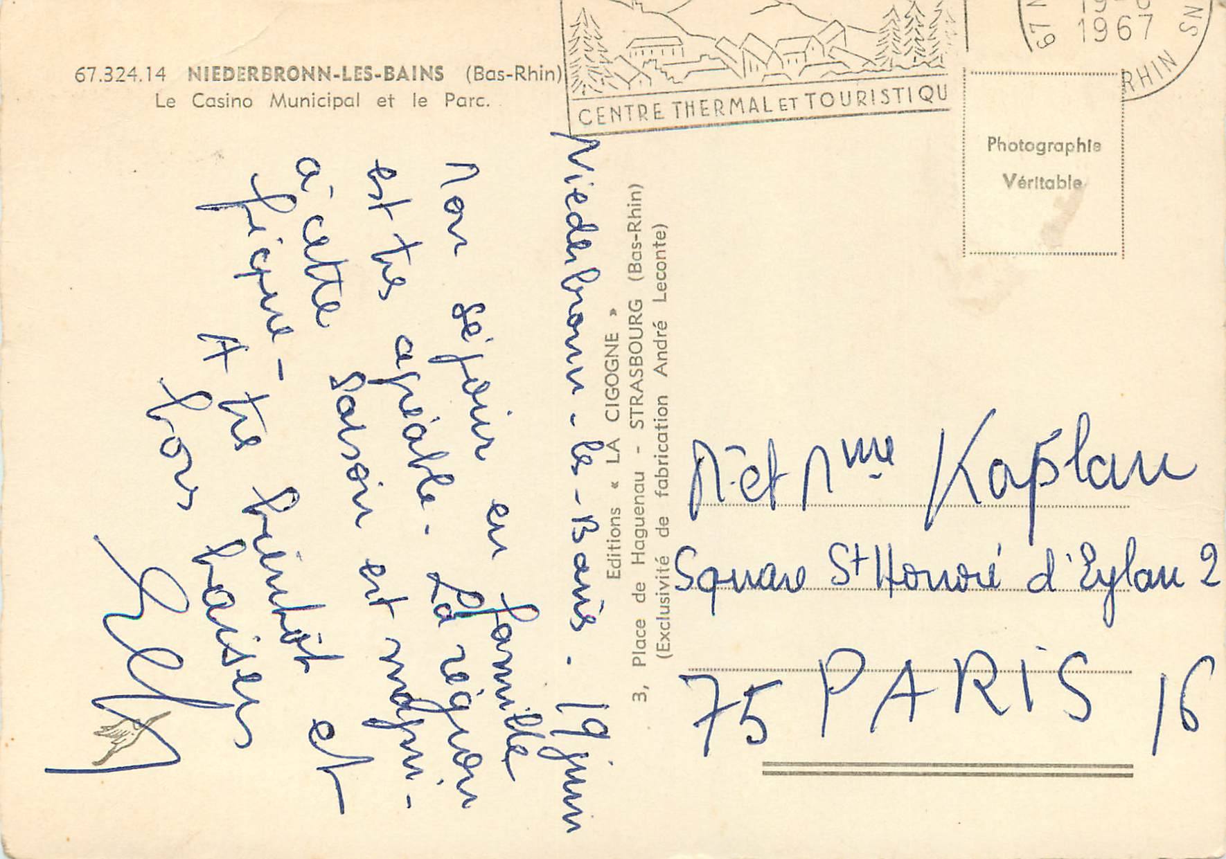 Casino Municipal — Niederbronn-les-Bains (Bas-Rhin) — Éditions « La Cigogne » — Verso