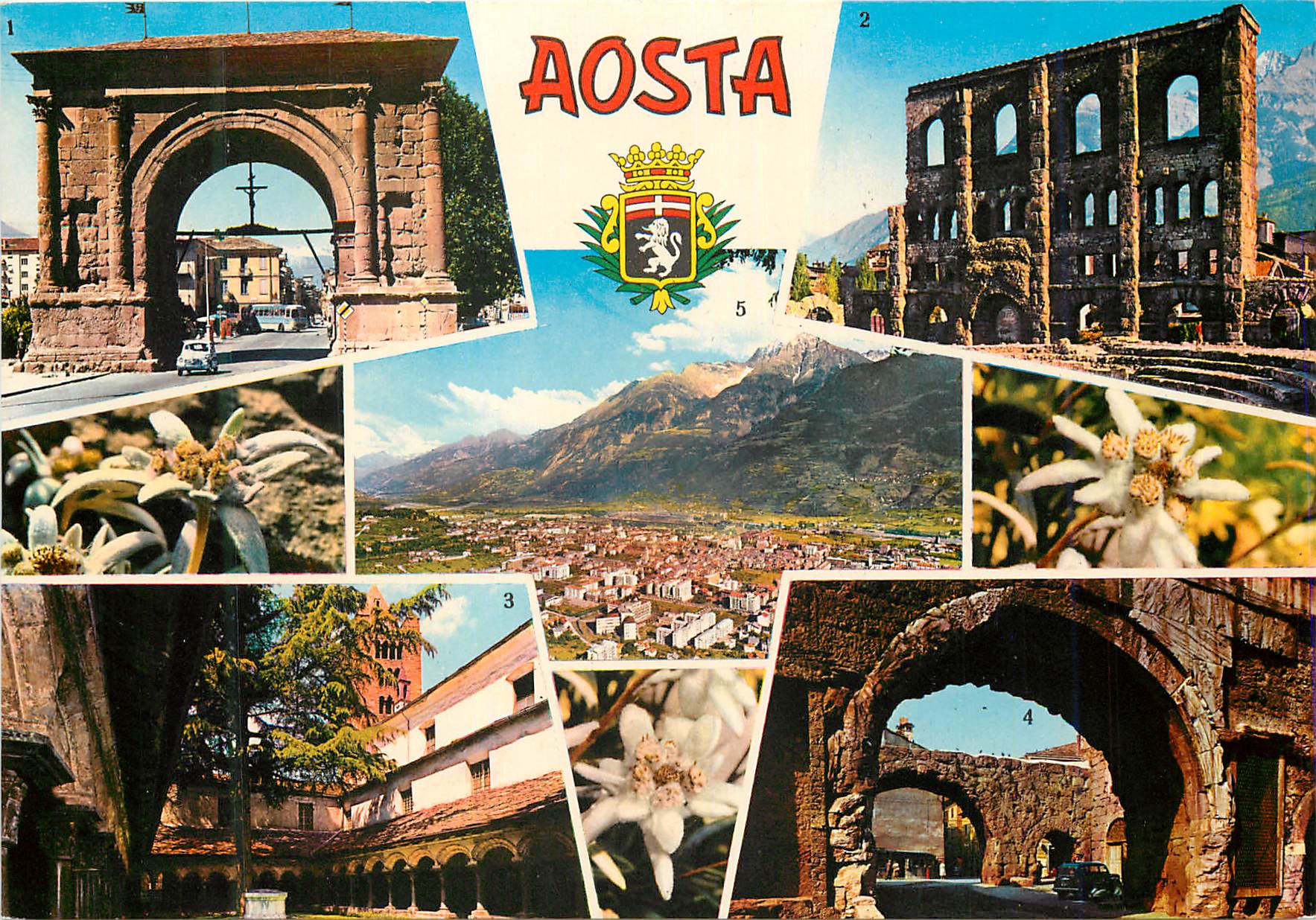 CPM Aosta Arco di Augusto Teatro Romano nello slondo M Emilius Chiostro Collegiata di S Oro