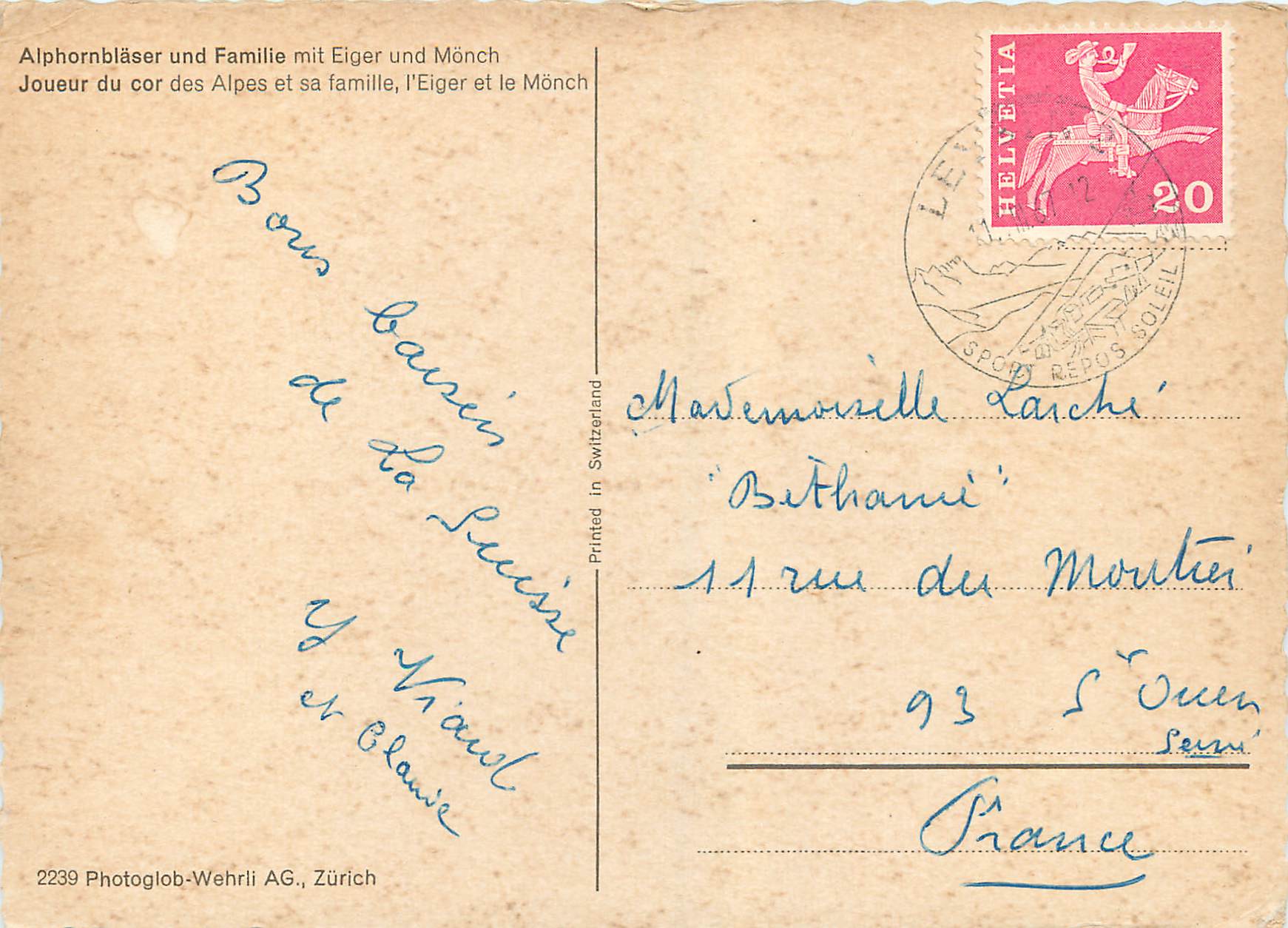 CPM Alphornblaser und Familie mit Eiger und Monch Joueur du cor des Alpes et sa familie l Eiger et le Monch — Rückseite