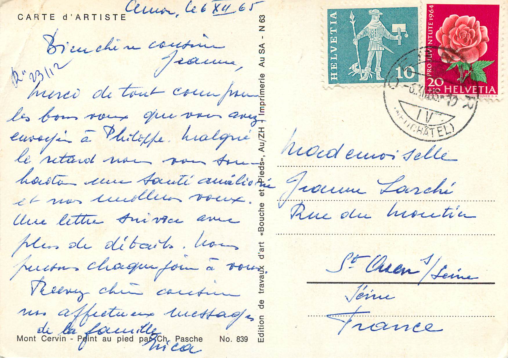 CPM Mont Cervin Peint au pied par Ch Pasche — Rückseite