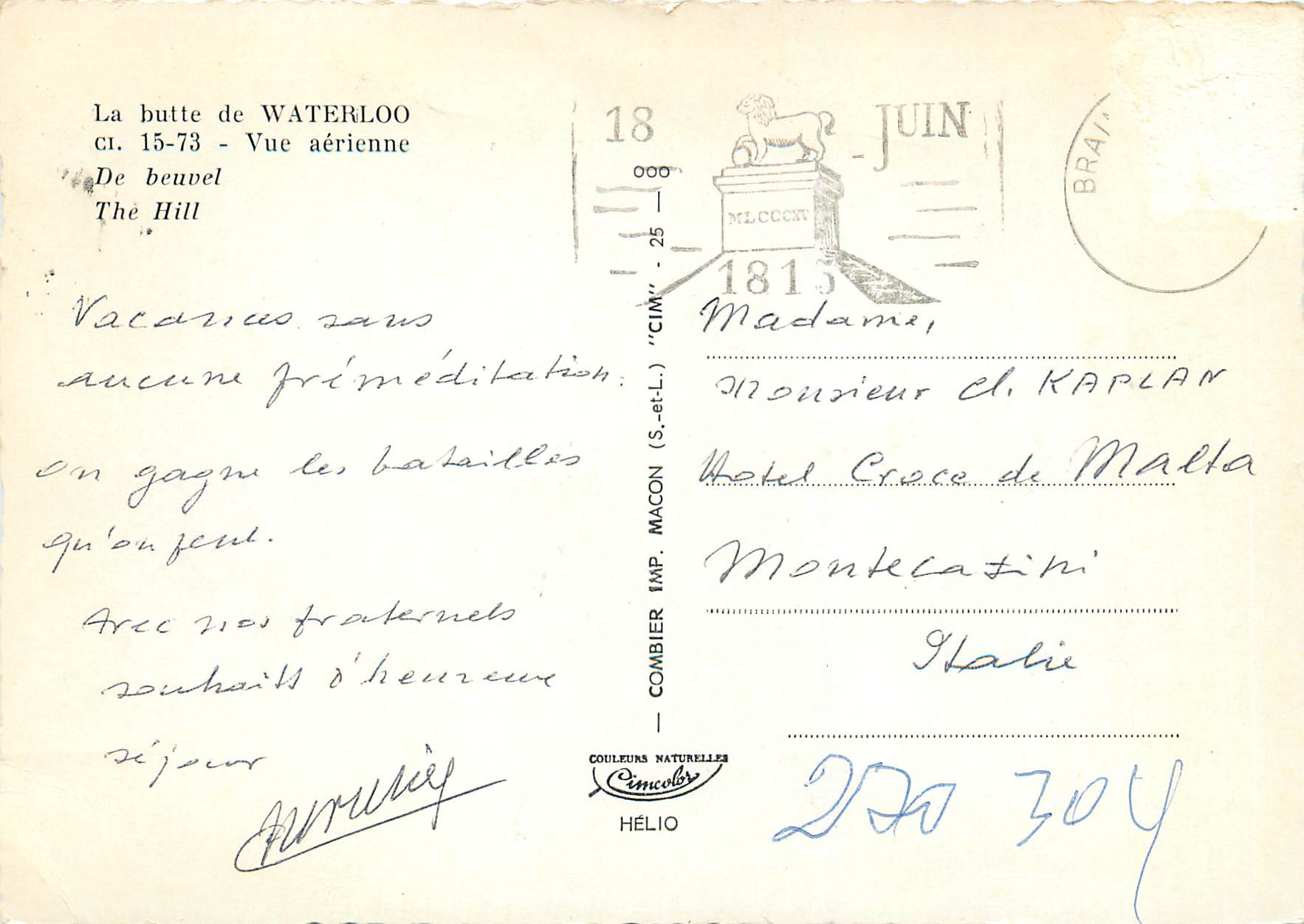 CPM La Butte de Waterloo Vue aerienne De bewel Lion — Back