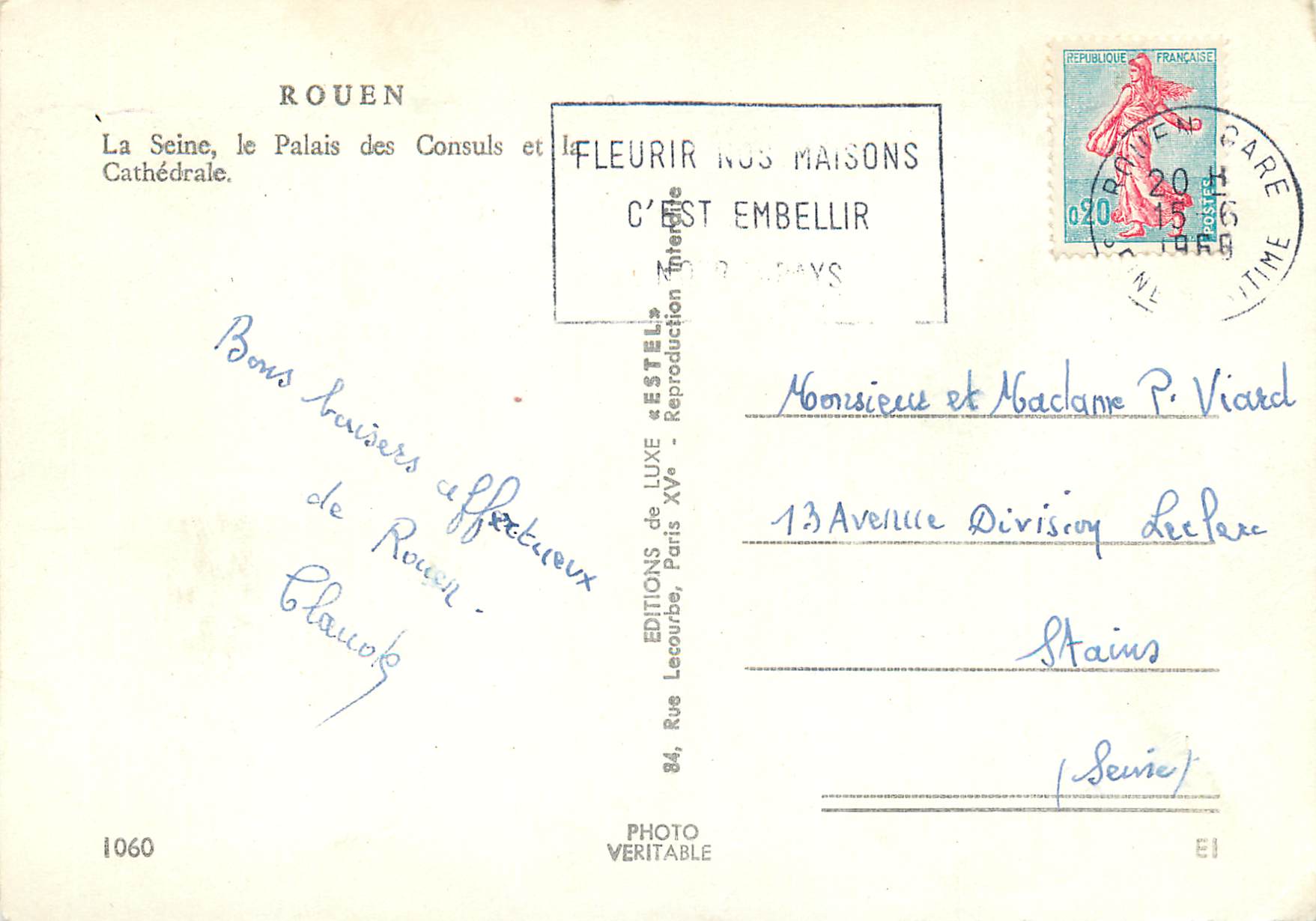 CPM Rouen La Seine le Palais des Consuls et Cathedrale — Verso
