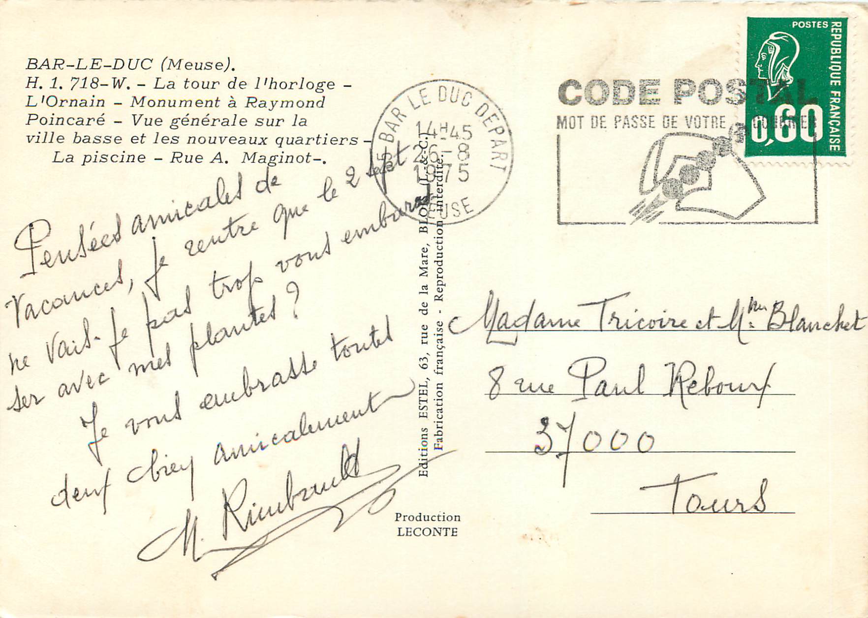 Bar-le-Duc — vue générale, tour de l'horloge, monument à Raymond Poincaré, piscine, rue Maginot — Éditions ESTEL — Rückseite
