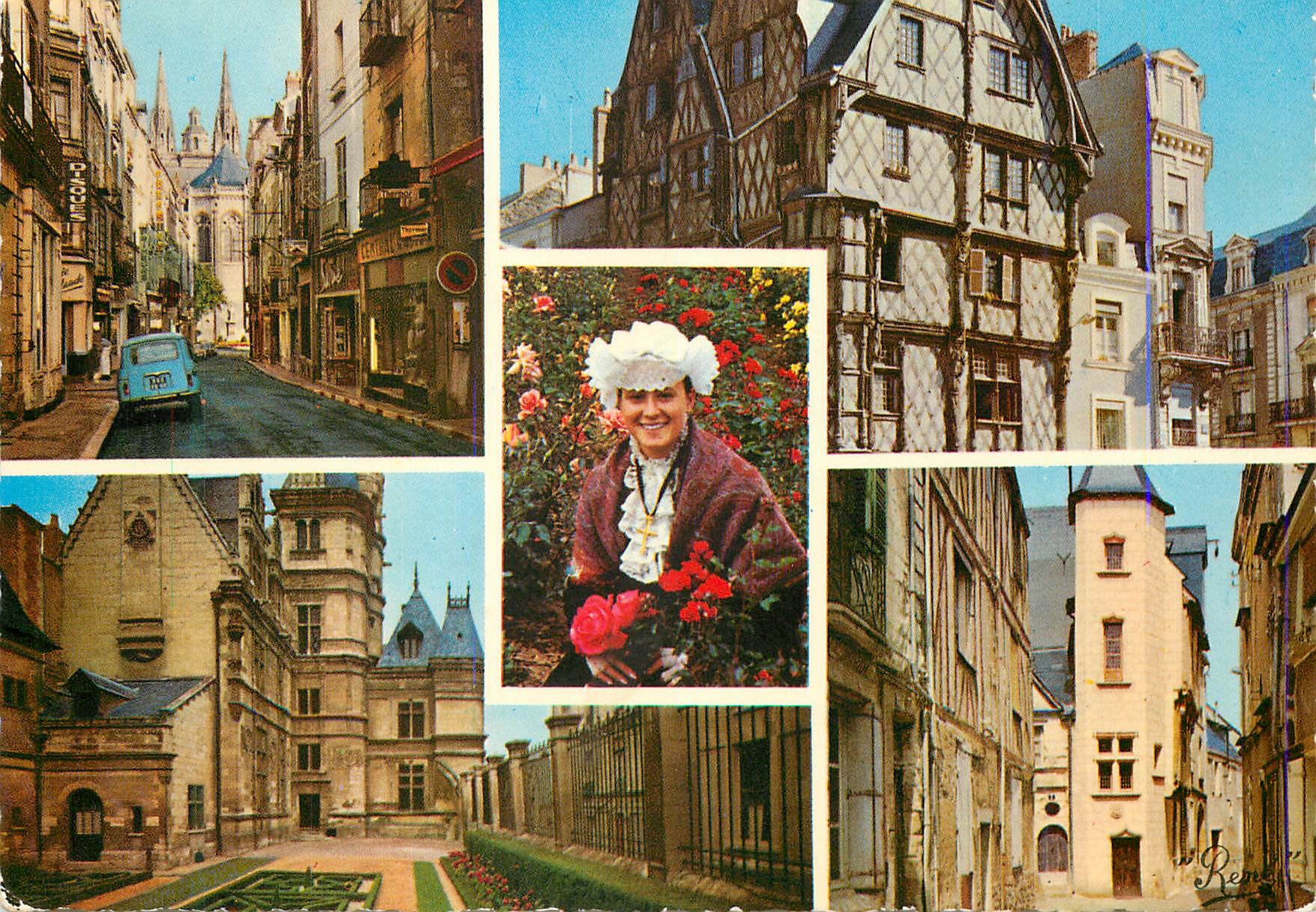 CPM Angers Maine et Loire La Cite Les Tours de la Cathedrale vues de la rue Aubin La Maison d Adam place de Ste Croix Le