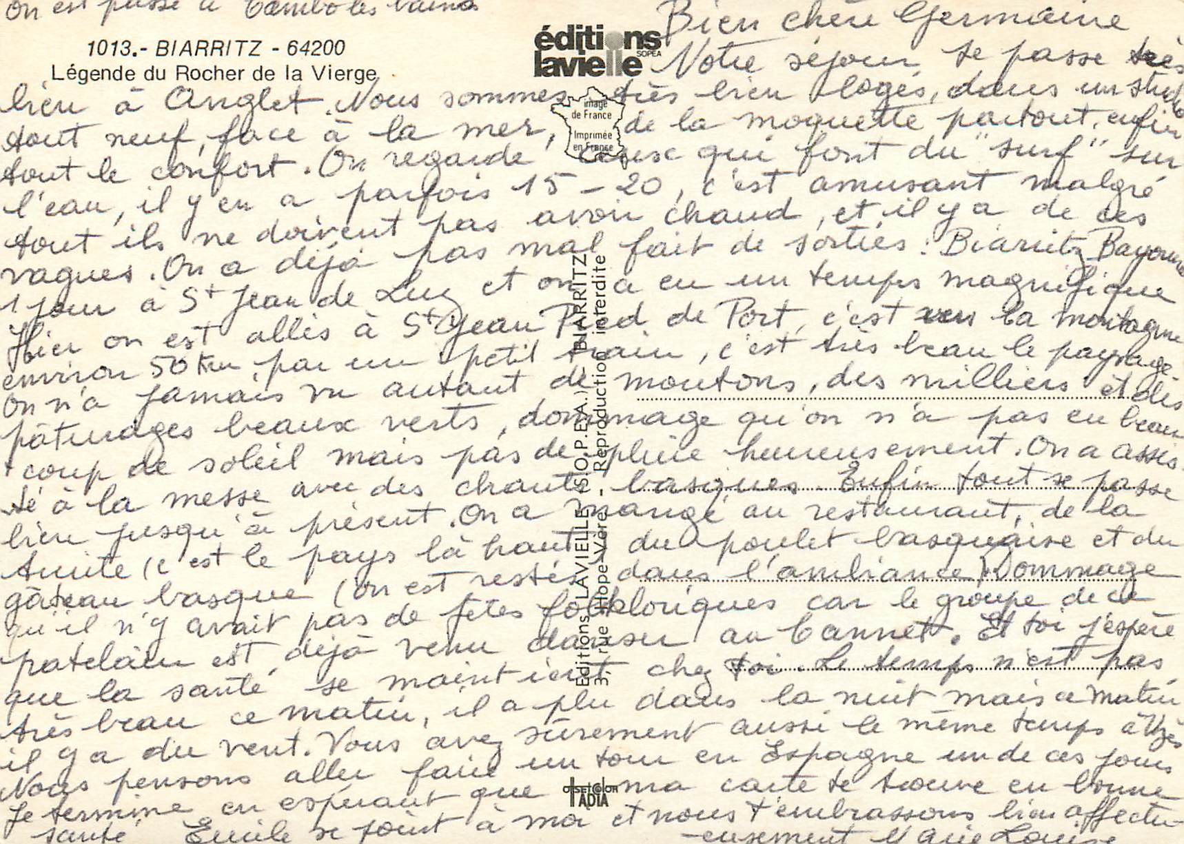 Rocher de la Vierge — légende et vue — éditions Lavieille, n°1013 — Verso