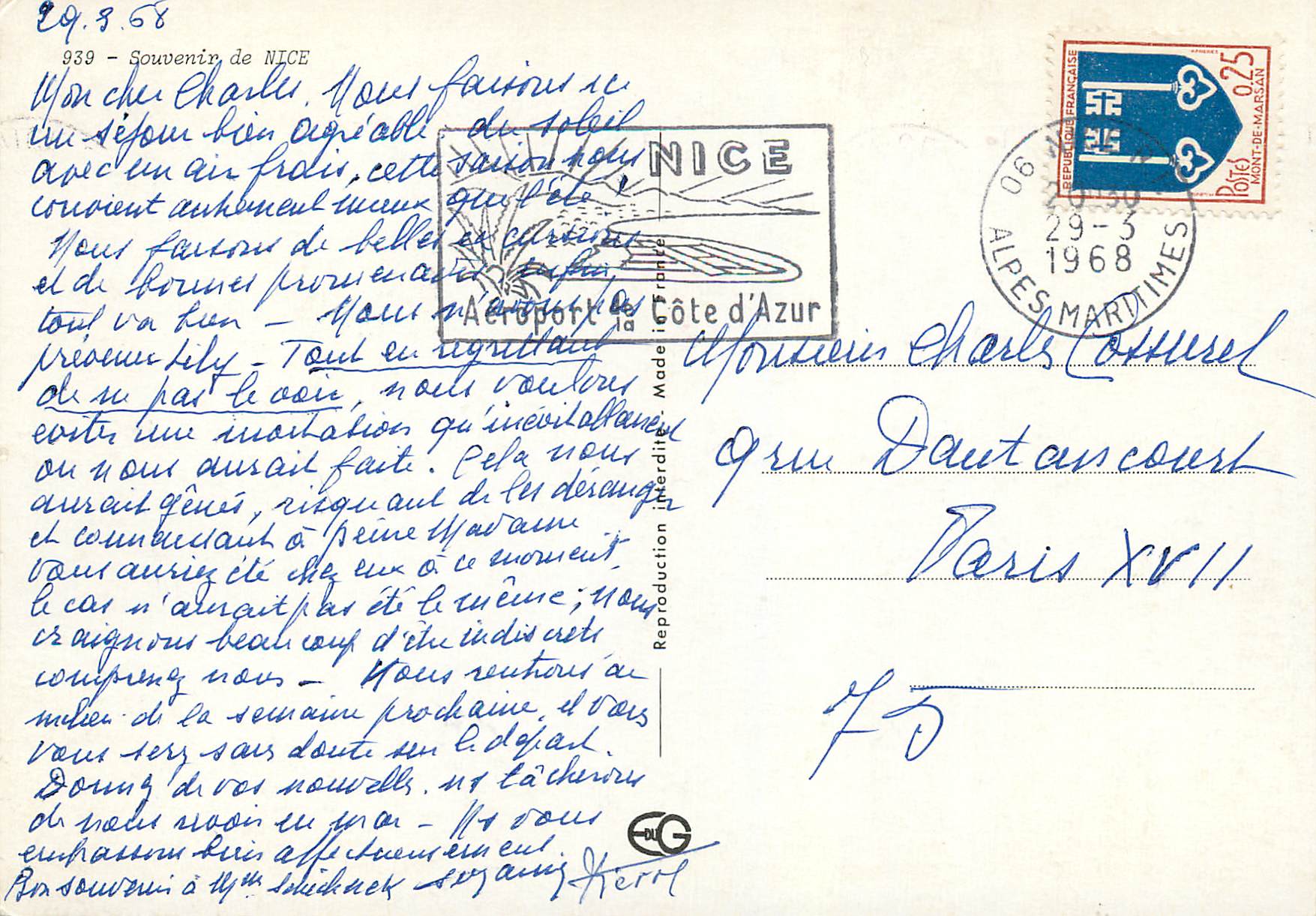 CPM Souvenir de Nice — Verso