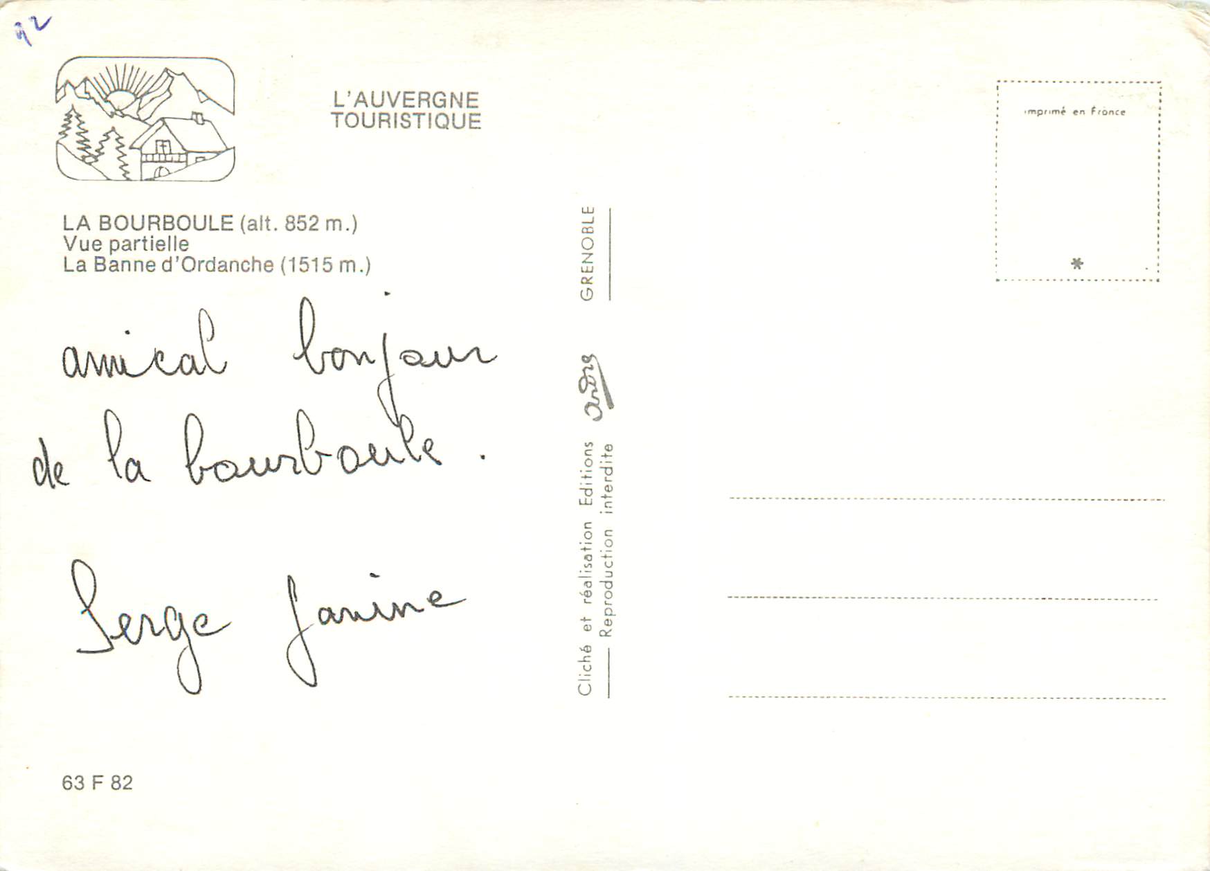 La Bourboule — Vue partielle — L'Auvergne Touristique — Verso