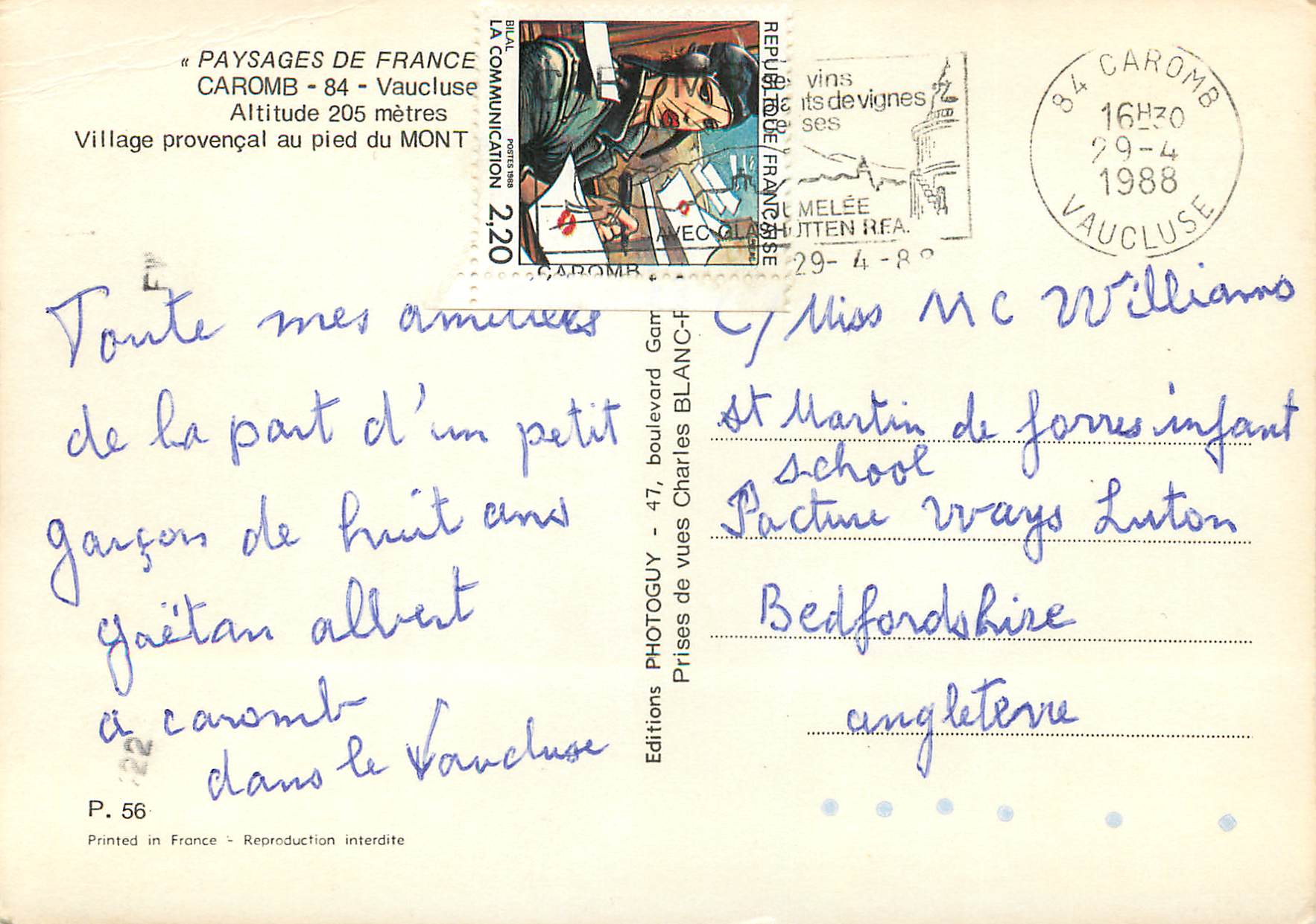 CPM Paysages de France Caromb Vaucluse Altitude metres Village provencal au pied du Mont — Rückseite