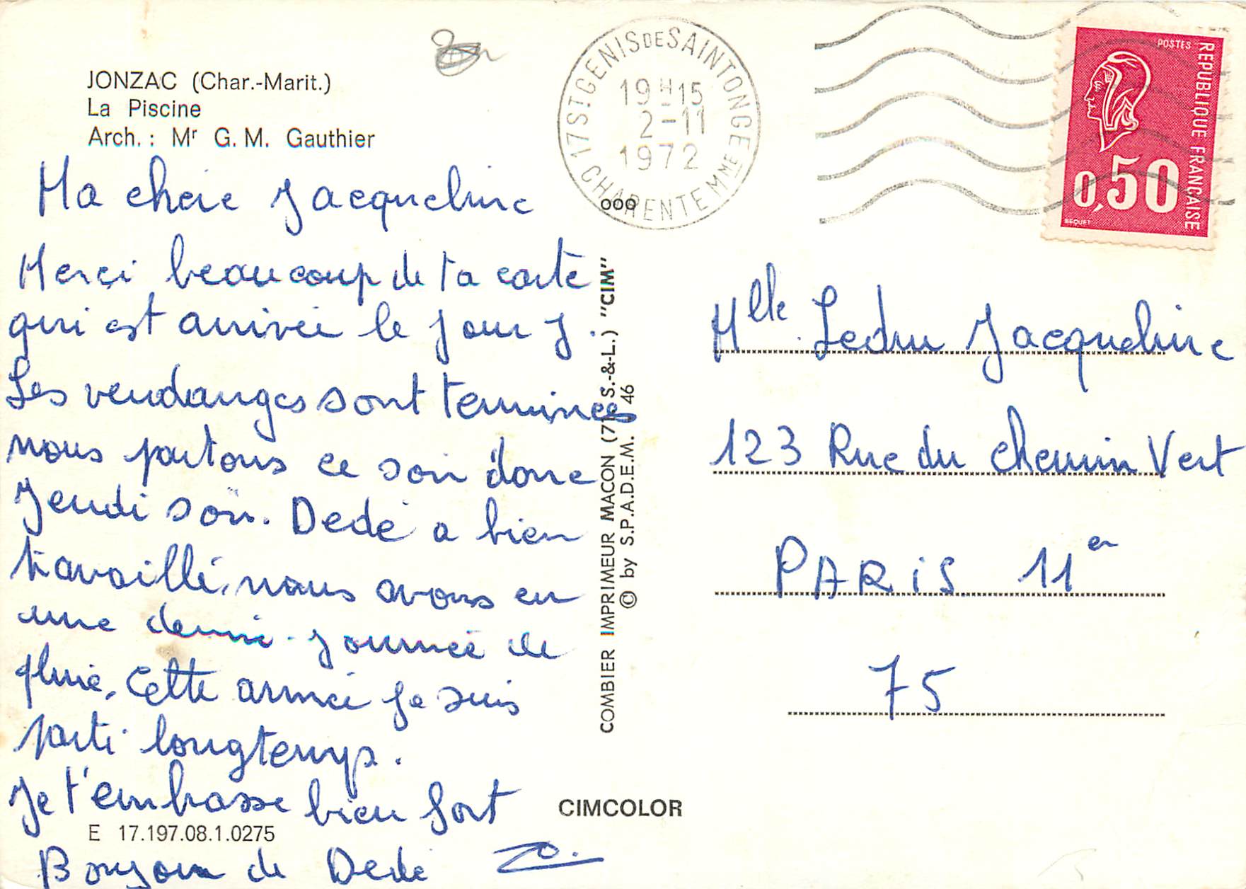CPM Jonzac Char Mar La Piscine Arch M gm Gauthier — Back