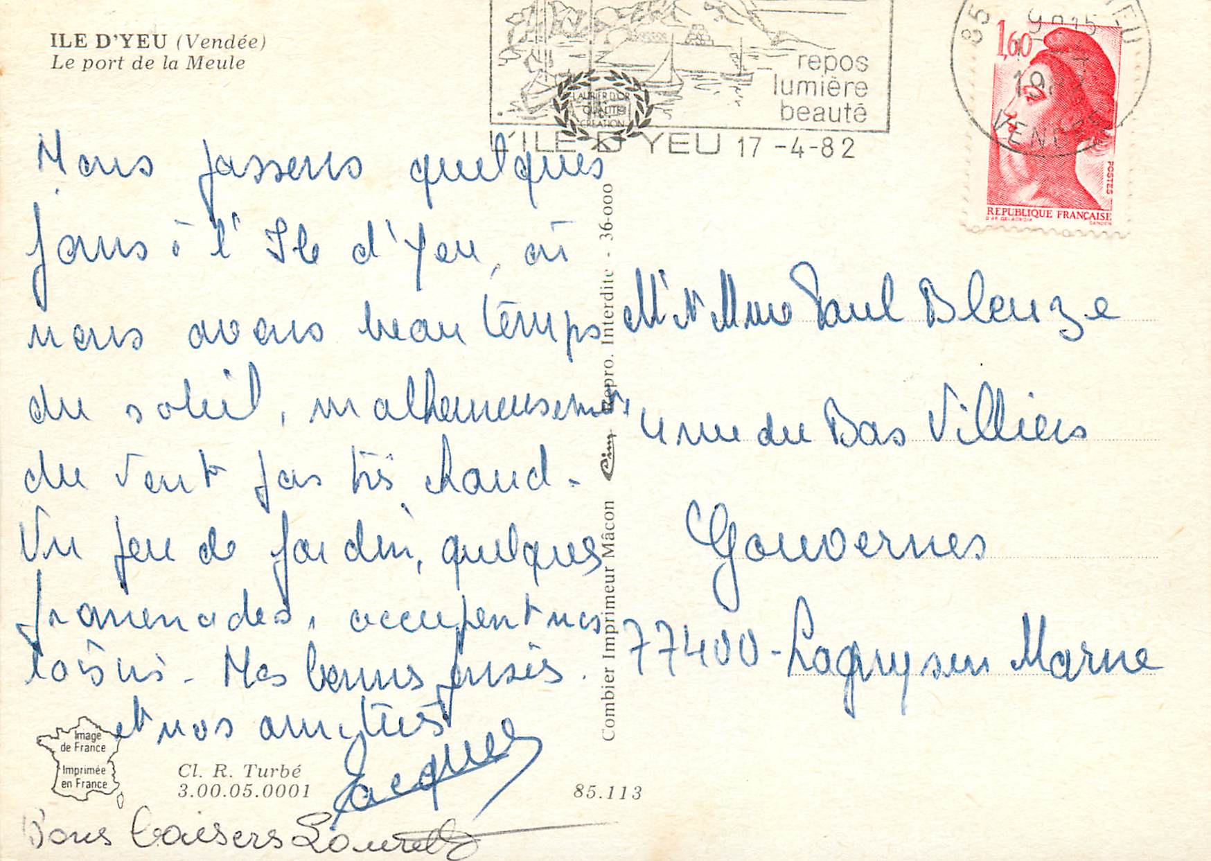 CPM Ile d Yeu Vendee Le port de la Meule Bateaux — Back