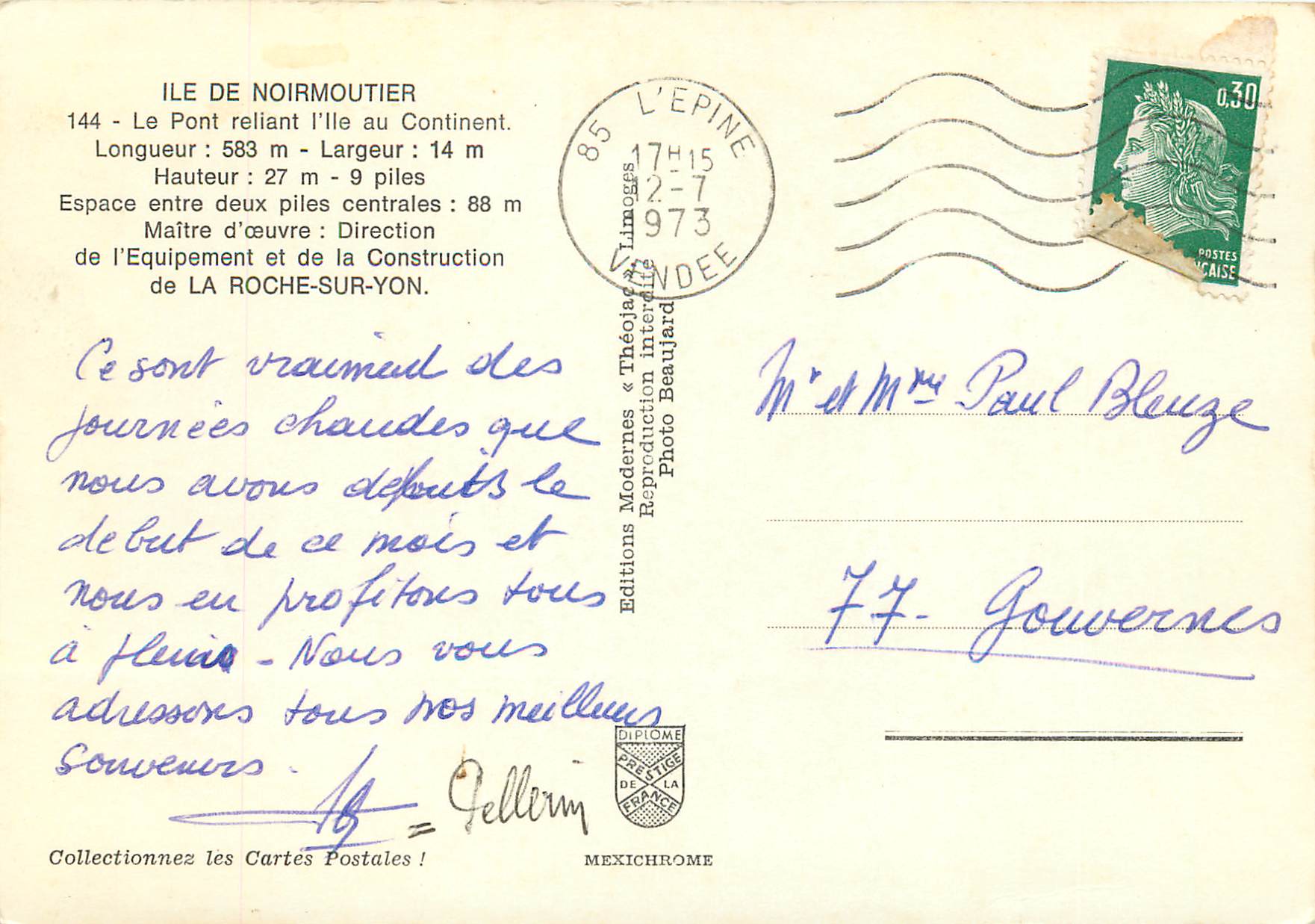 CPM Ile de Noirmoutier Le Pont reliant l Ile au Continent Longueur Largeur Hauteur piles — Back