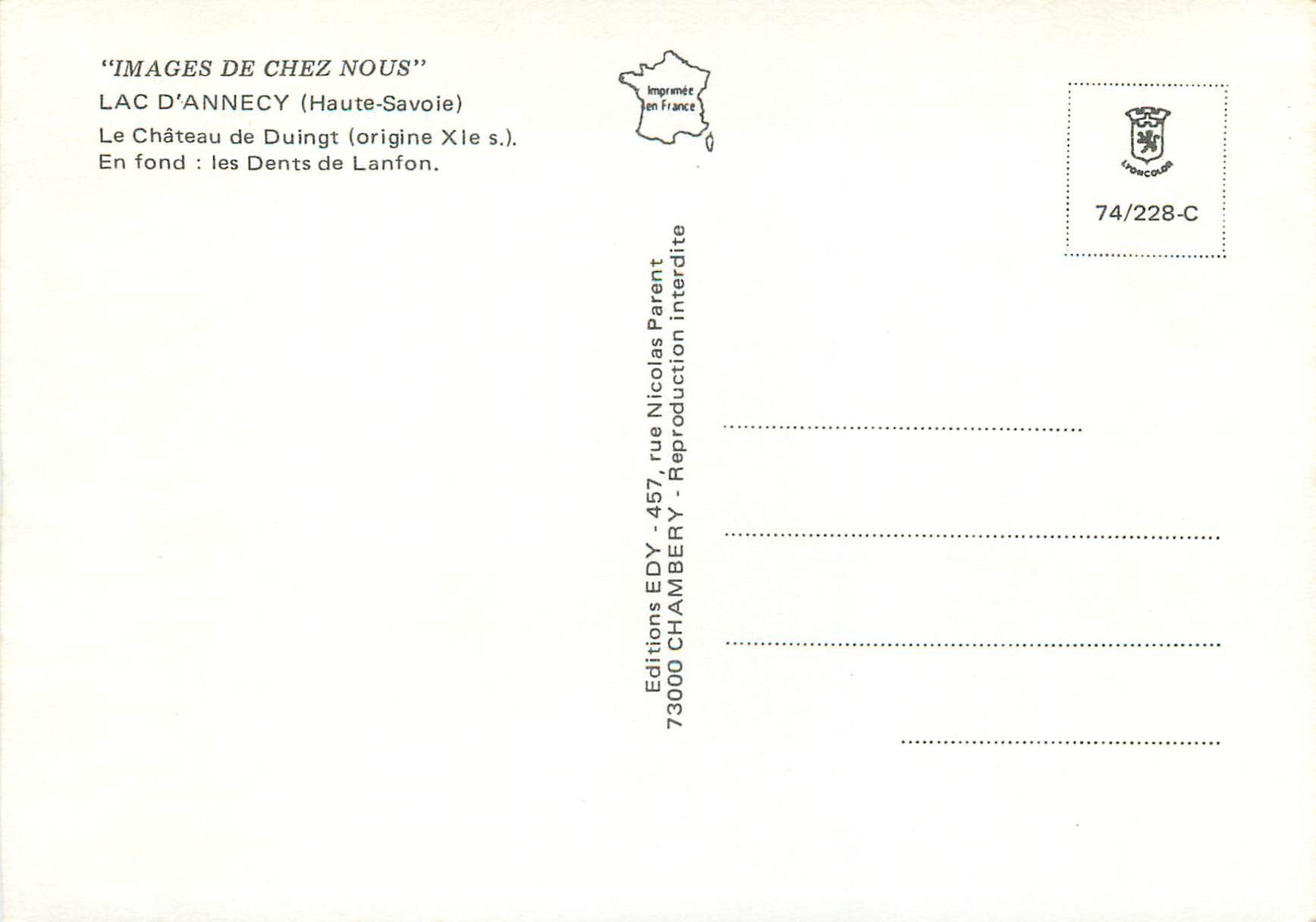 Château de Duingt — Lac d'Annecy — Éditeur Edy — Verso