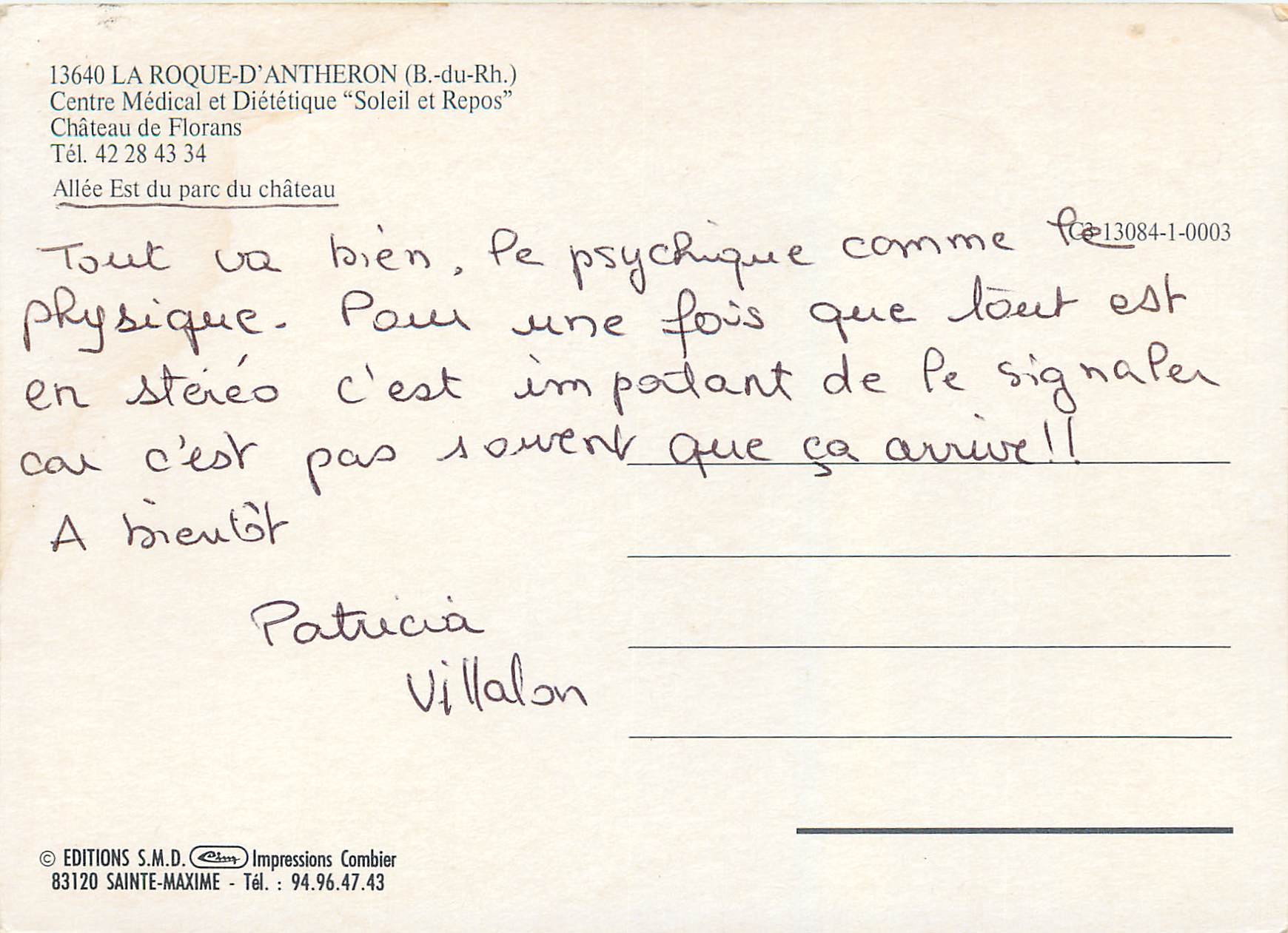 CPM La Roque d Antheron B du Rh Centre Medical et Dietetique Soleil et Repos Chateau de Florans Allee Est du parc du cha — Verso