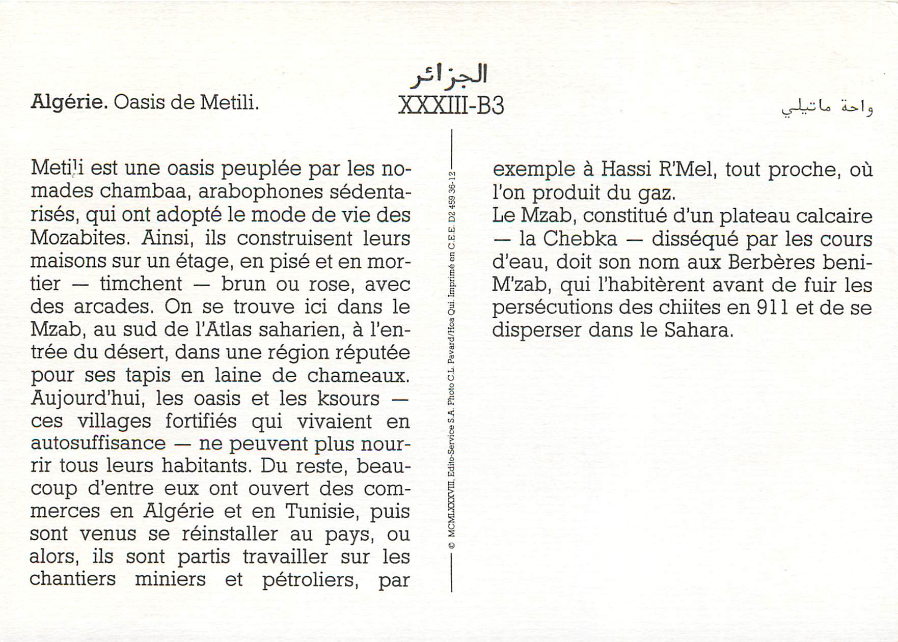 CPM Algerie Oasis de Metili Metili est une oasis par les no mades chambaa — Back