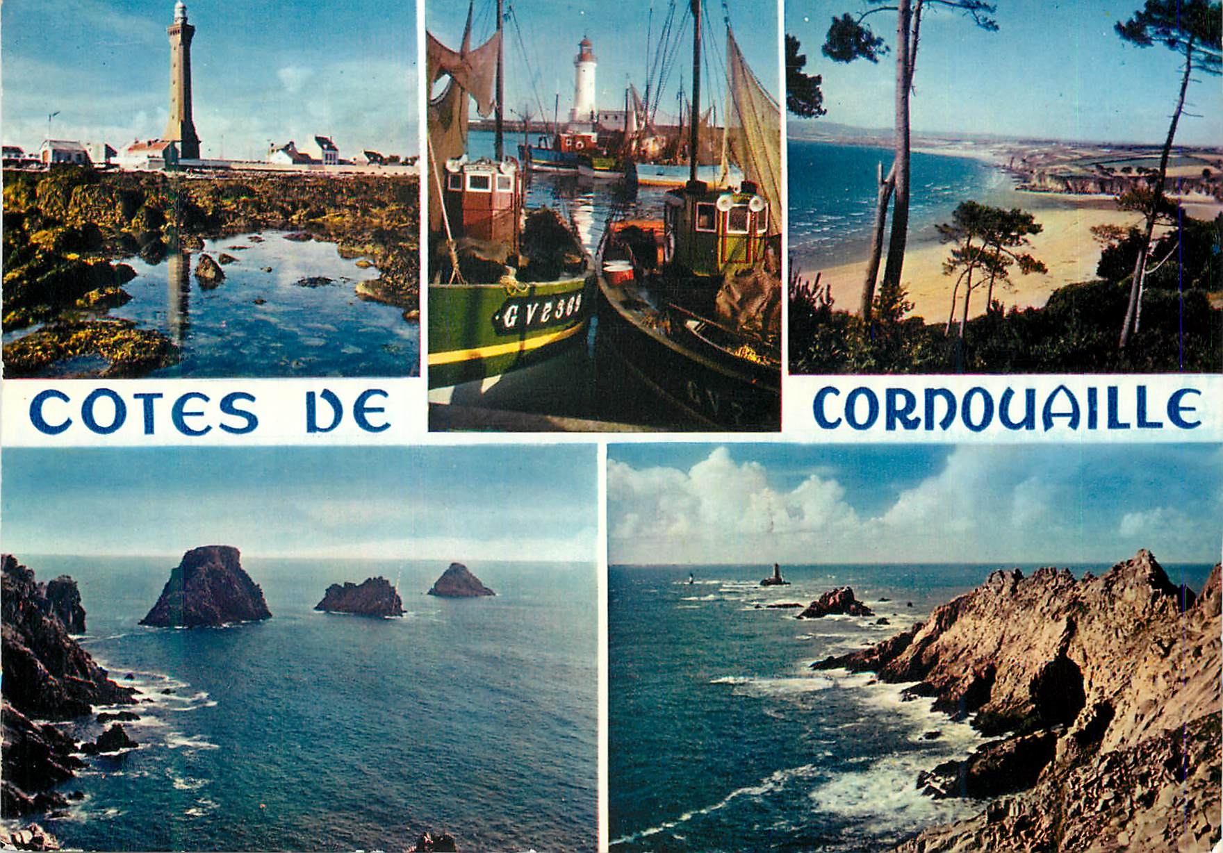 CPM La Bretagne en Couleurs Cotes de Cornouaille Penmarc h Douarnenez Guilvinec Tas de Pois et pointe du Raz Bateaux