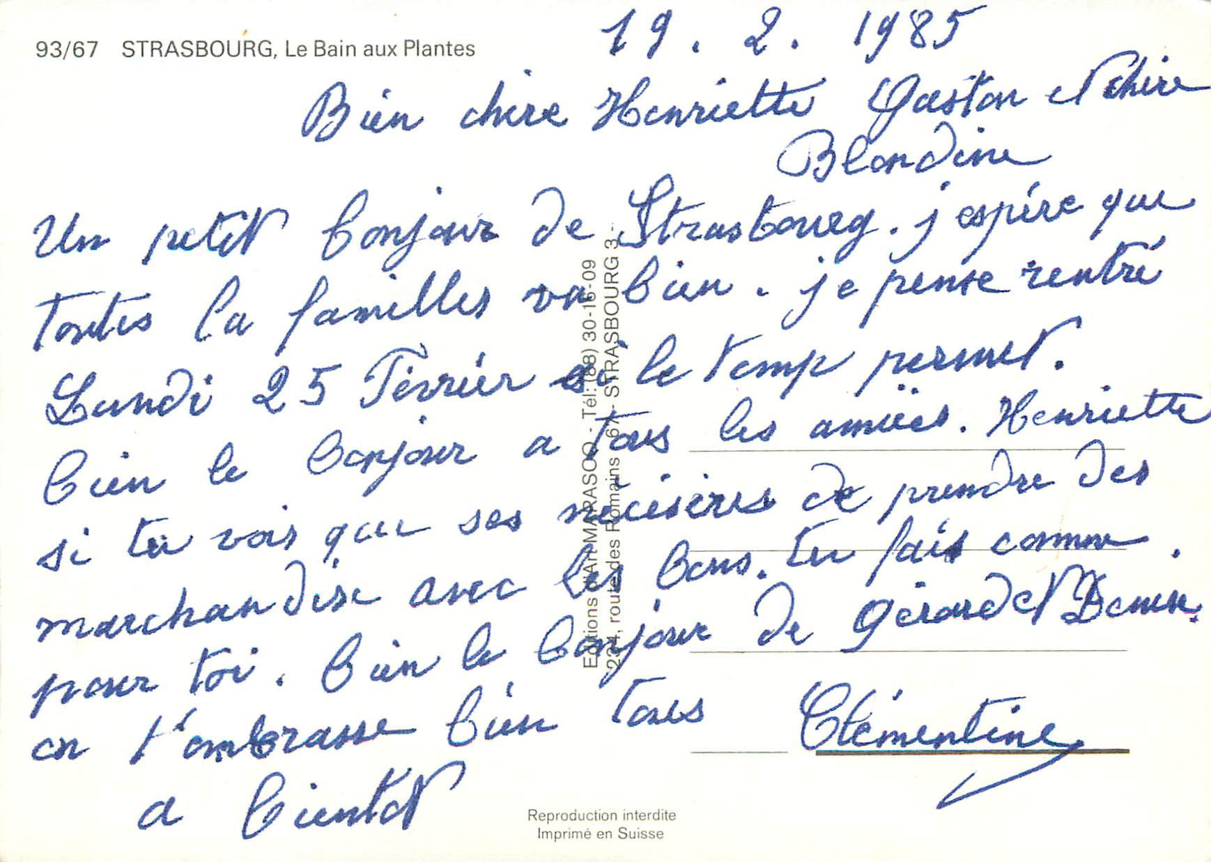 CPM Strasbourg Le Bain aux Plantes — Verso