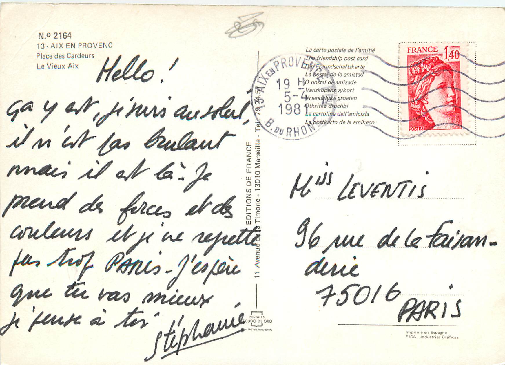 Place des Cardeurs — Aix-en-Provence — Éditions de France, N° 2164 — Back