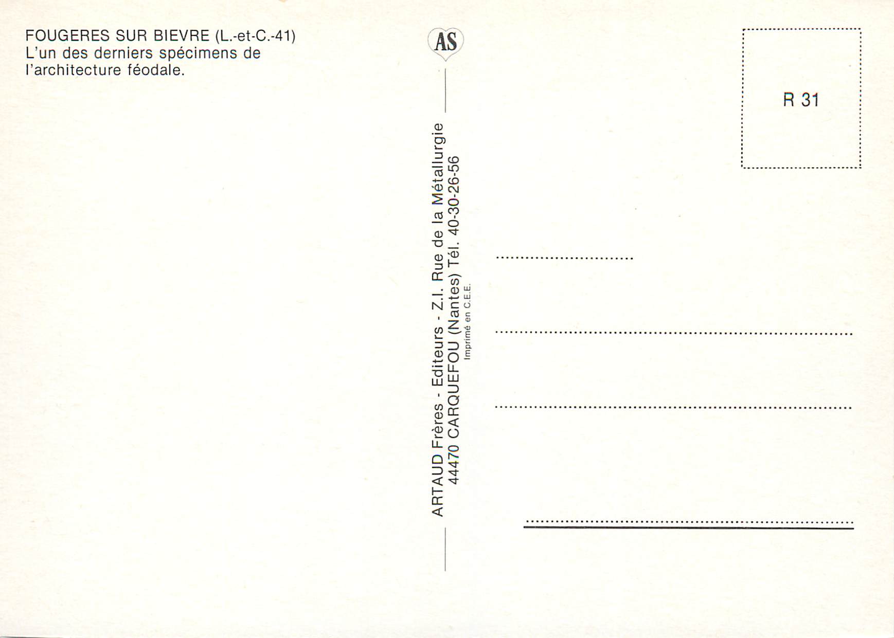 CPM Fougeres sur Bievre L et C L un des derniers specimens de l architecture feodale — Verso