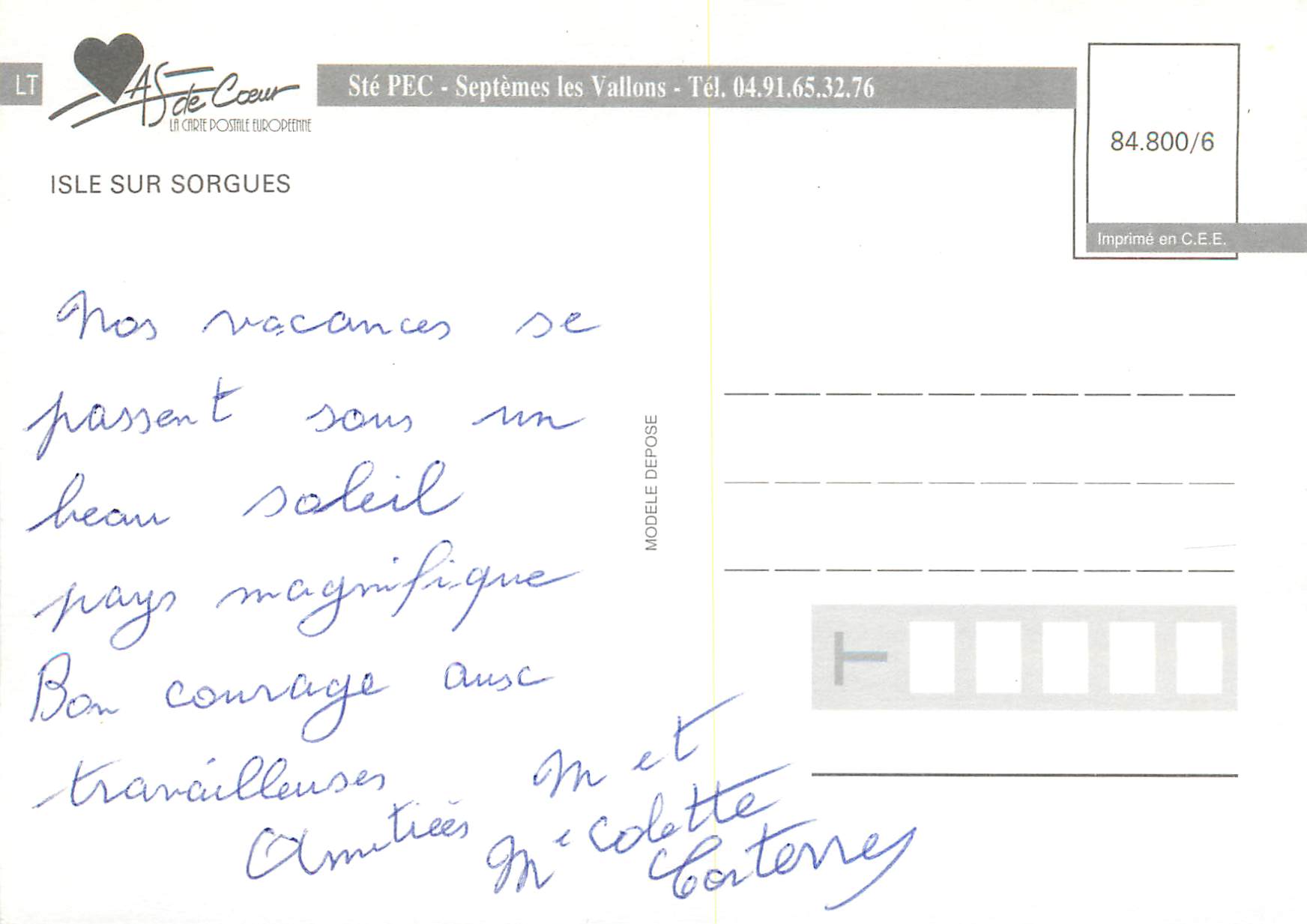 CPM Isle sur Sougues Ste Pec Septemes les Vallous — Rückseite