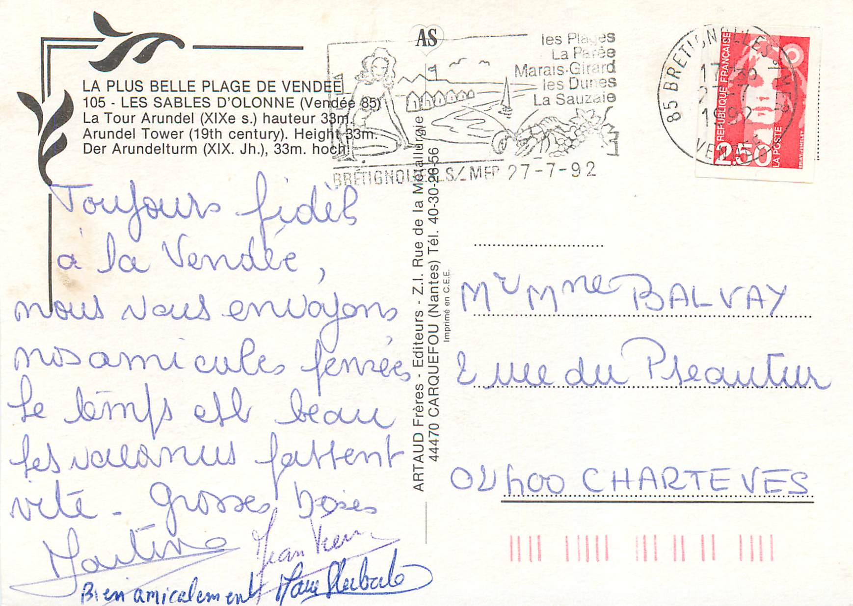 Les Sables d'Olonne — Tour Arundel (XIXe s.) — ARTAUD Frères — Rückseite