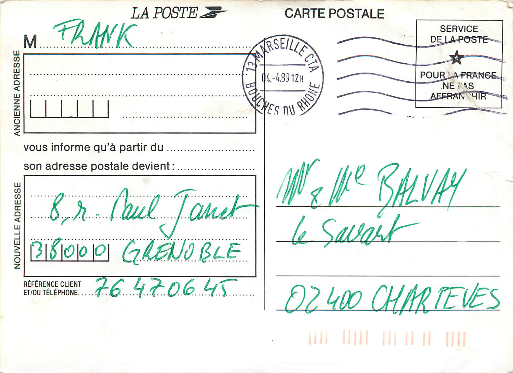 CPM Je Change d Adresse PTT — Rückseite