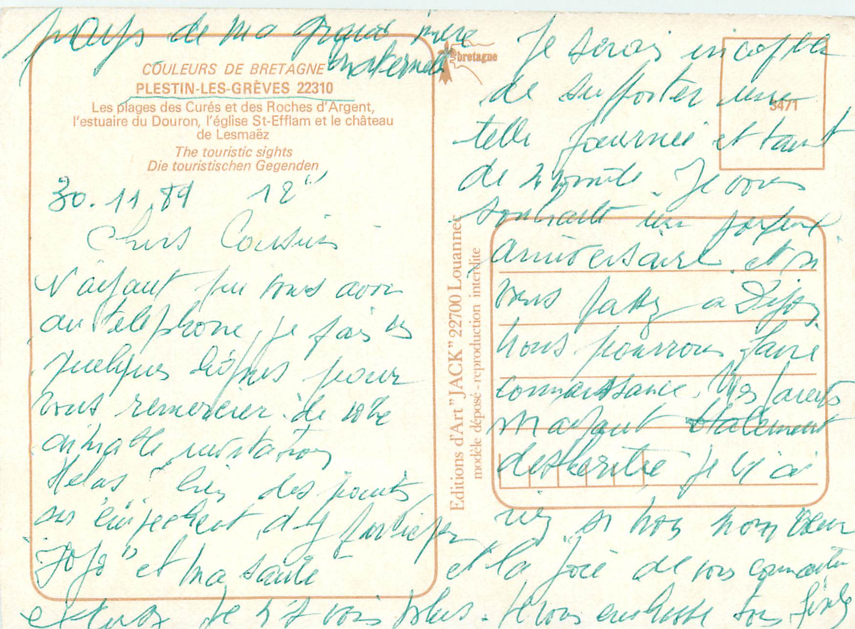 Plestin-les-Grèves — vue aérienne et monuments — Éditions d'Art 'JACK' Louanne — Verso