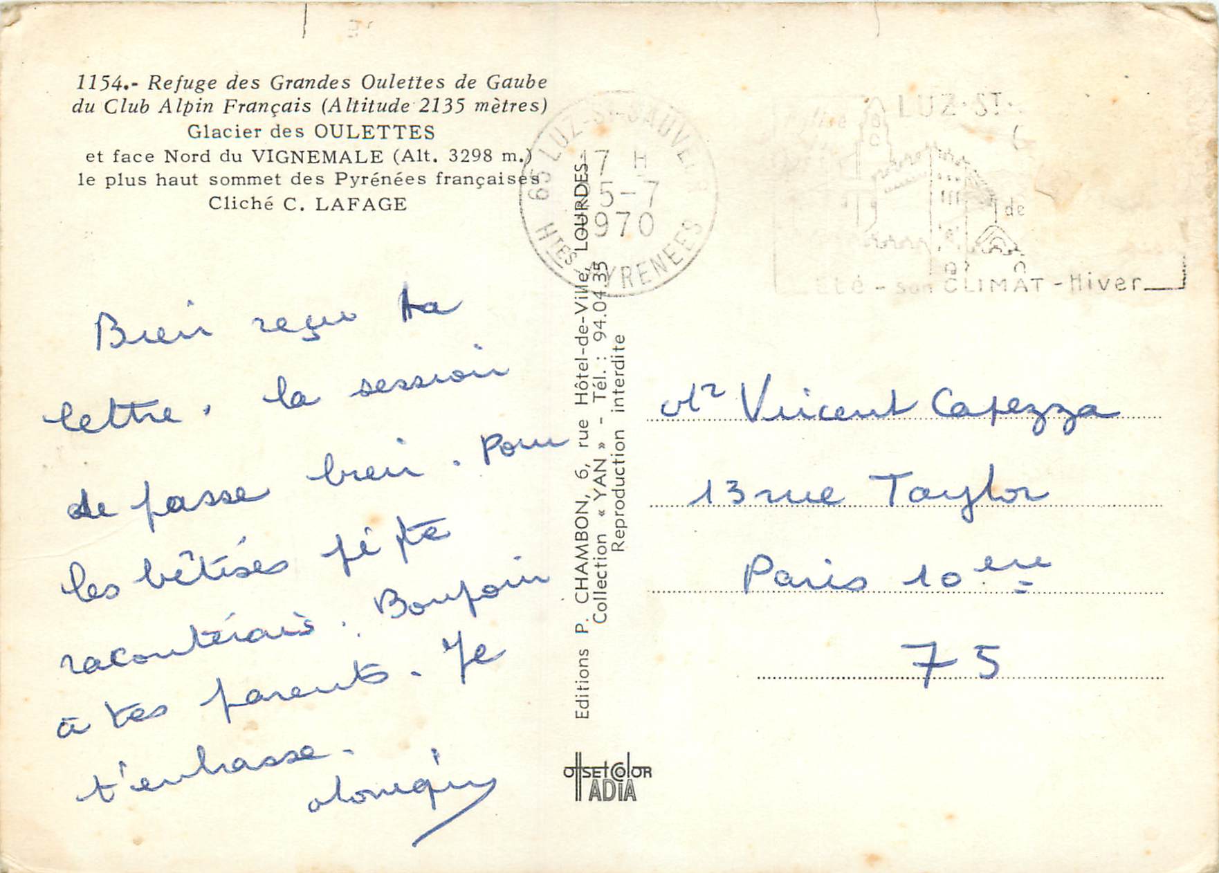 Refuge des Grandes Oulettes de Gaube — Glacier des Oulettes — Éditeur YAN n°1154 — Verso