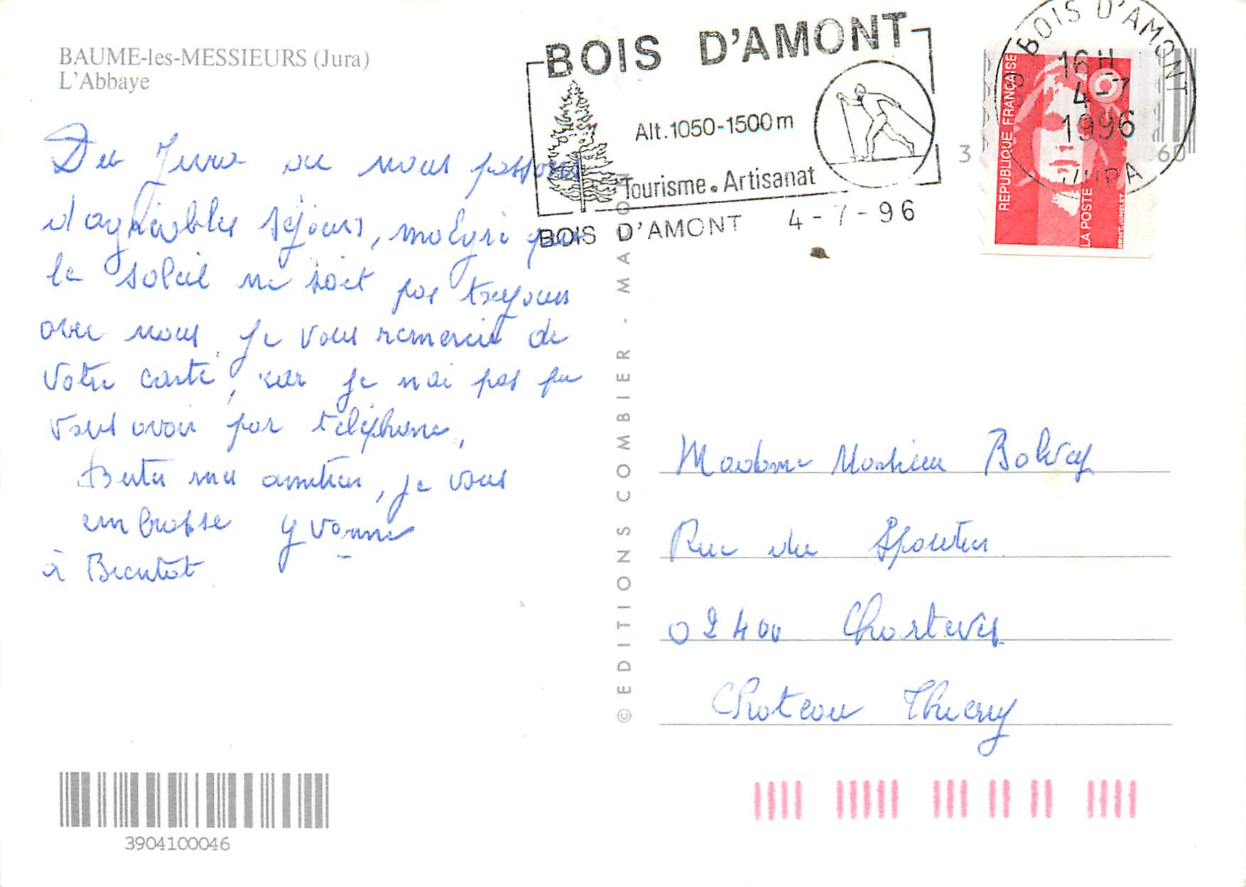 CPM Baume les Messieurs Jura L Abbaye — Rückseite