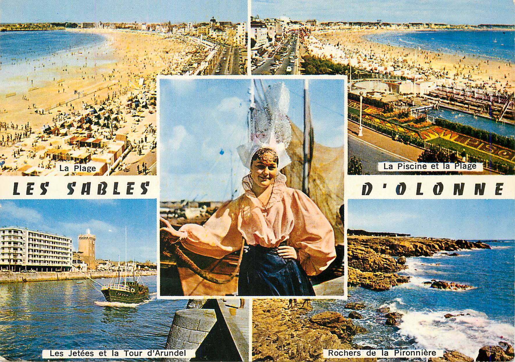 Les Sables d'Olonne — Vue panoramique avec plage, piscine, rochers et bateau — Éditeur : Artaud Frères, Nantes