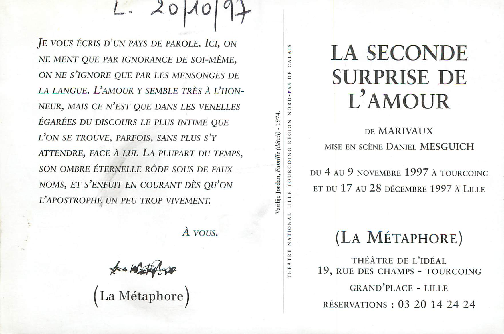 CPM La Seconde surprise de L Amour De Marivaux Muse En Scene Daniel Mesguich Du 4 au Novembre 1997 a tourcoing et du 17  — Rückseite