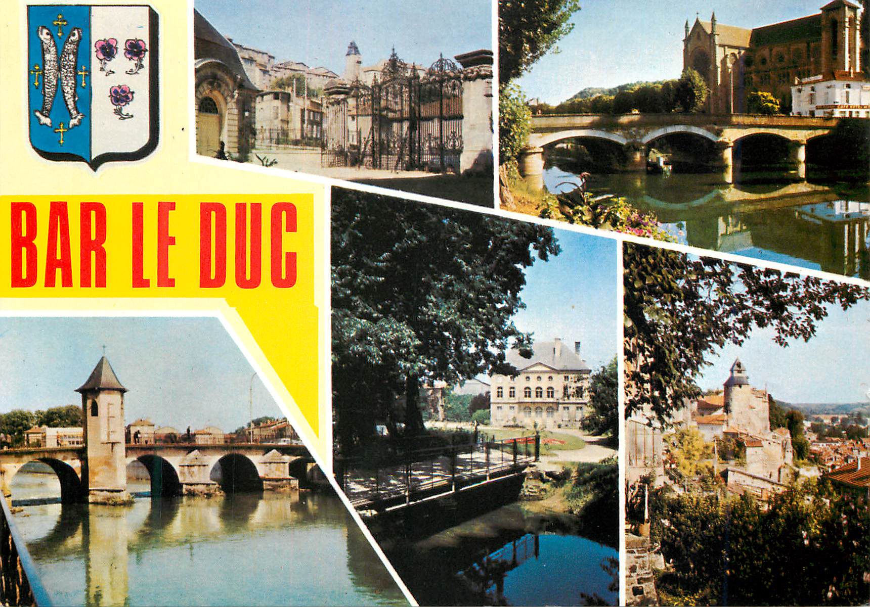 CPM Bar le Duc Meuse La Tour de l Horloge vue du Parc Public L Eglise St Jean Le Pont Notre Dame L Hotel de Ville vu du 
