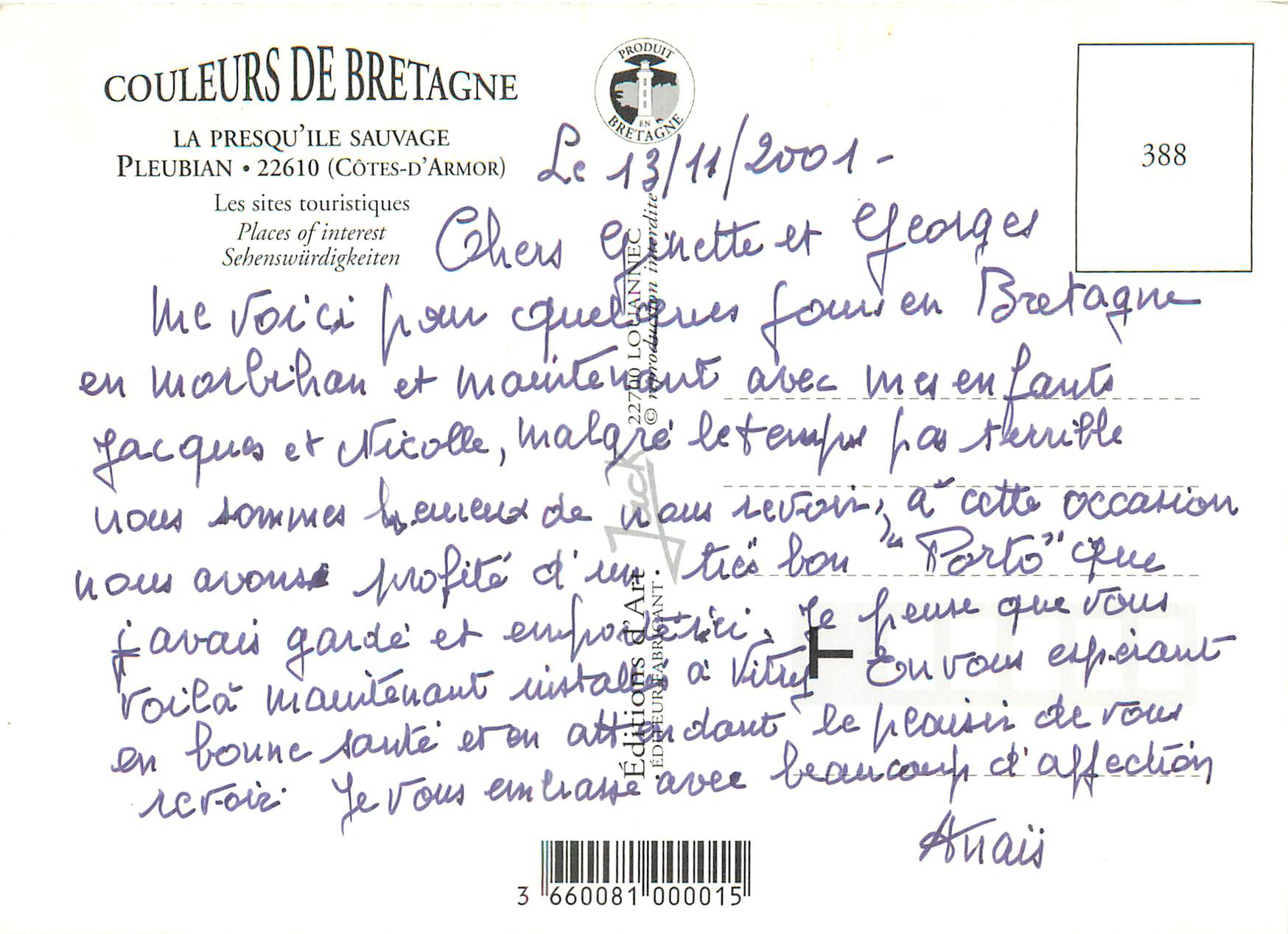 Pleubian — Presqu'île Sauvage — Éditions d'Art Couleurs de Bretagne n°388 — Verso
