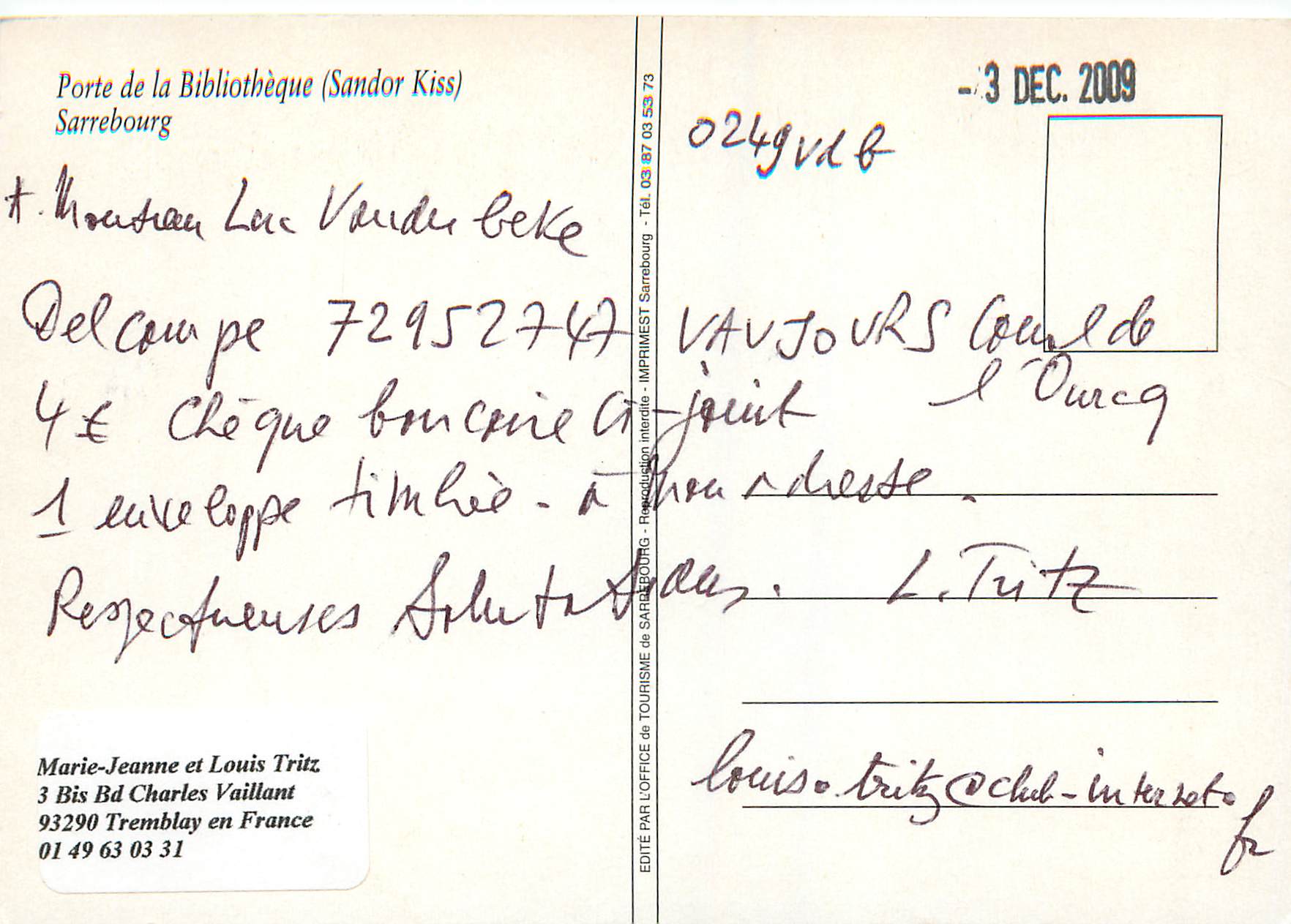 Porte de la Bibliothèque (Sandor Kiss) — Sarrebourg — Éditée par l'Office de Tourisme de Sarrebourg — Rückseite
