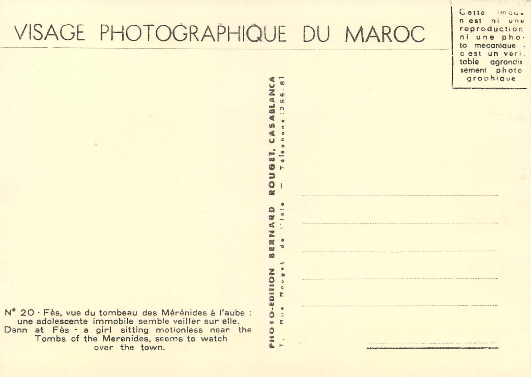 CPM Visage Photographique du Maroc Fes vue du tombeau des Merenides a l aube une adolescente immobile semble veiller sur — Back