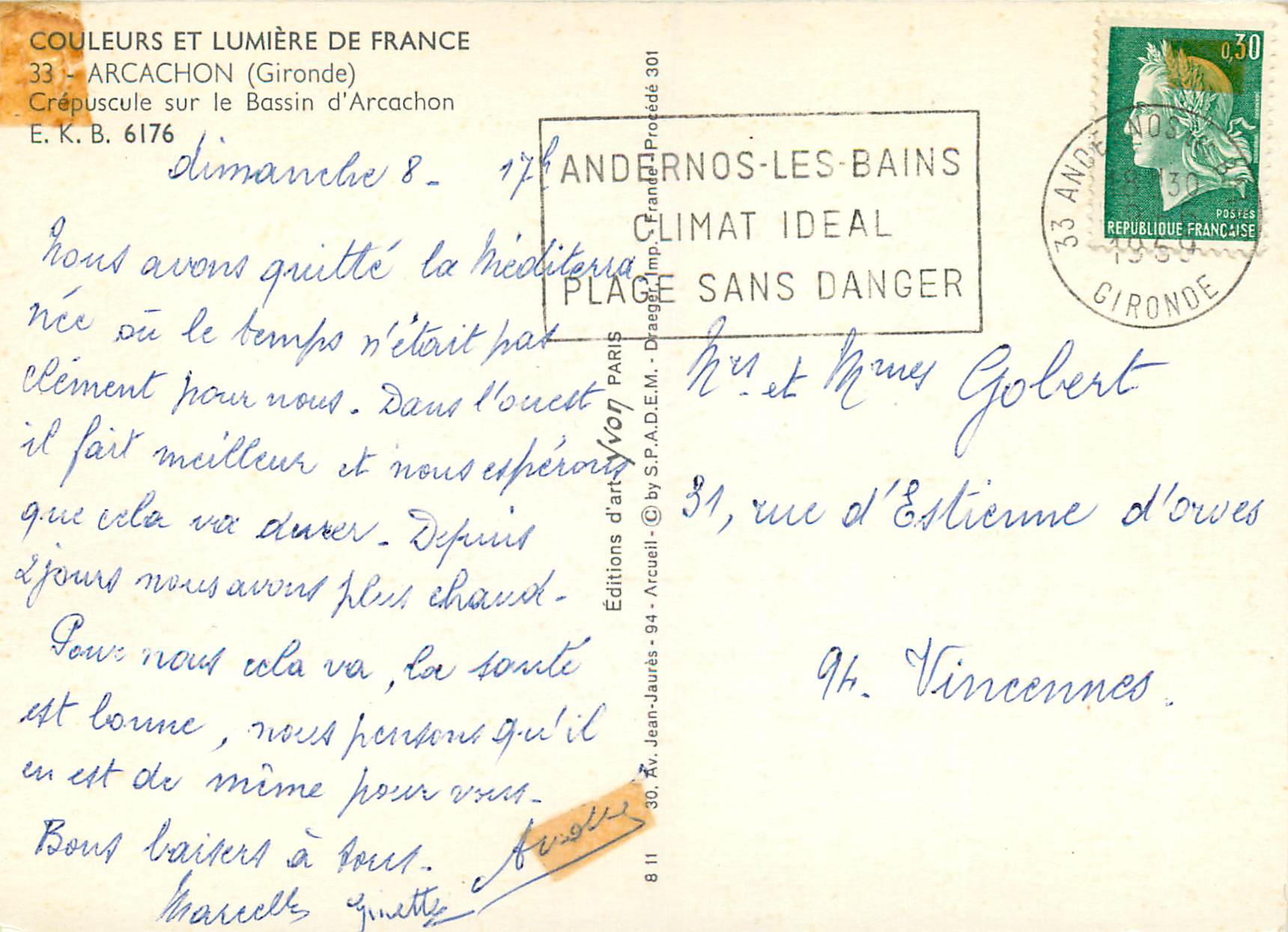 Arcachon — Crépuscule sur le Bassin d'Arcachon — Éditions d'art Arcueil — Rückseite