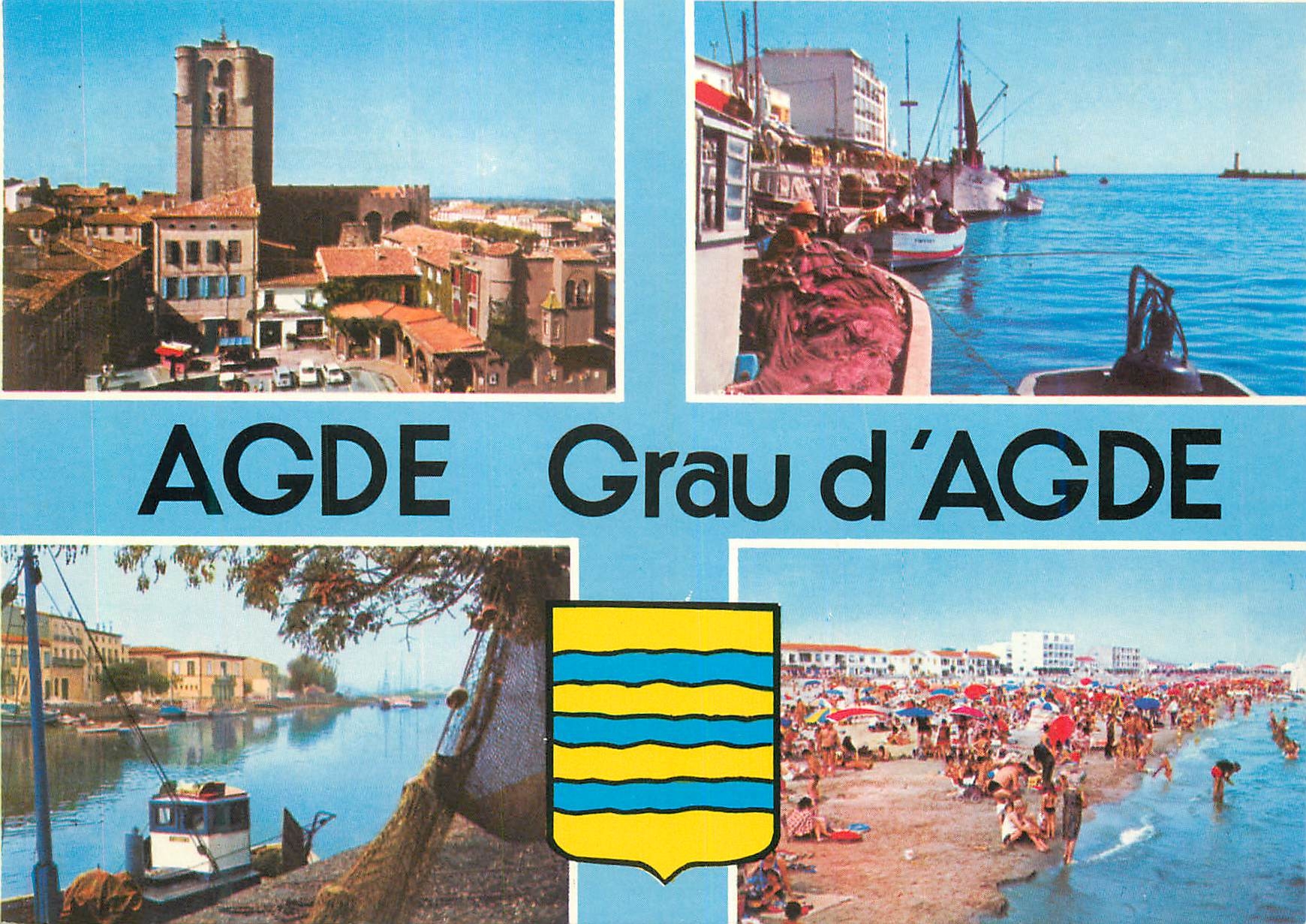 CPM cote languedocienne Agde Grau d Agde Herault La cathedrale St Etienne Les quais Le port du Grau d Agda La plage du G