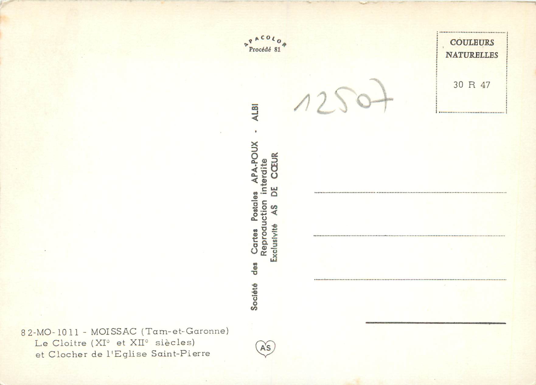 Le Cloître et le Clocher de l'Église Saint-Pierre — Moissac — Société des Cartes Postales APA-POUX — Achterkant