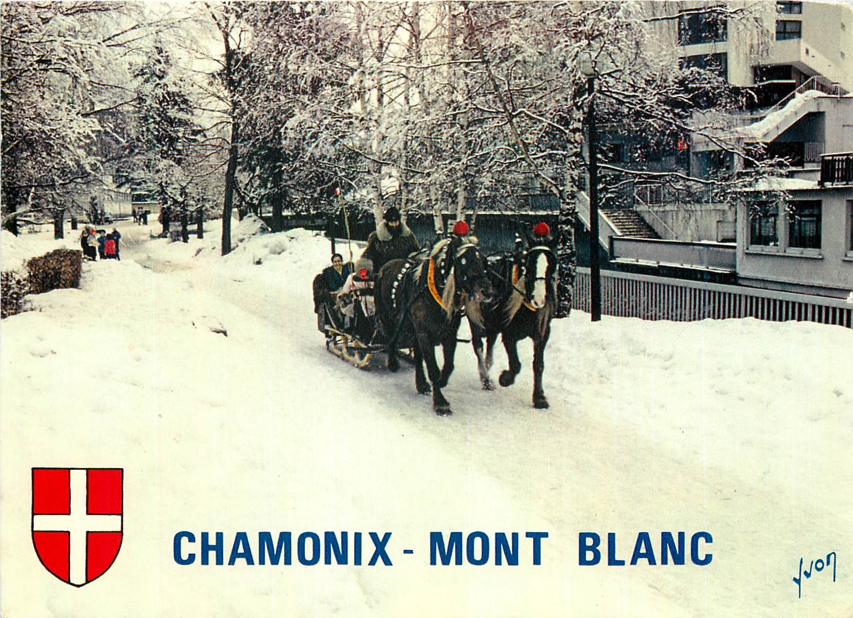 Chamonix-Mont Blanc — scène hivernale avec traîneau tiré par deux chevaux — éditeur Yvon