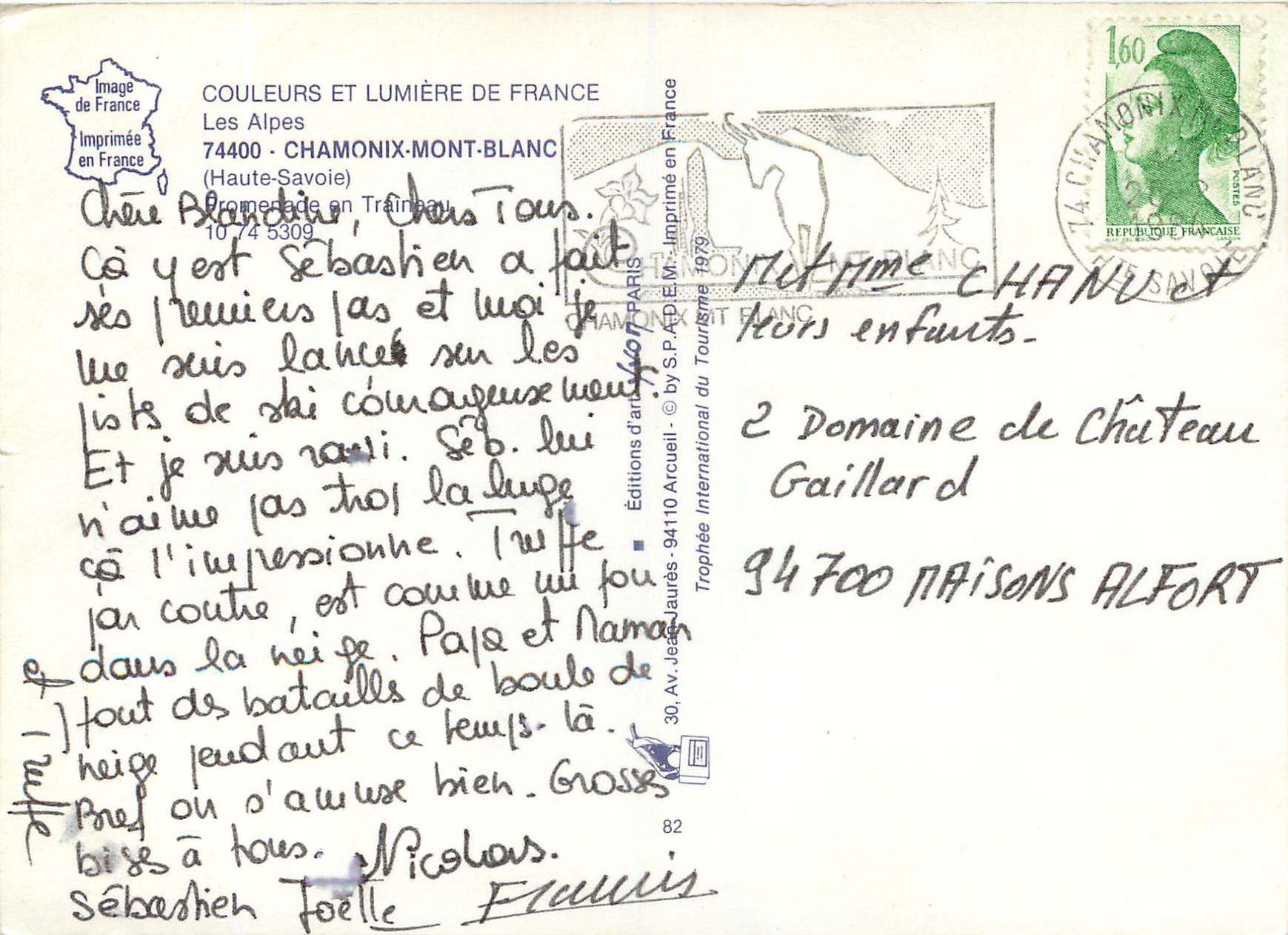 Chamonix-Mont Blanc — scène hivernale avec traîneau tiré par deux chevaux — éditeur Yvon — Verso
