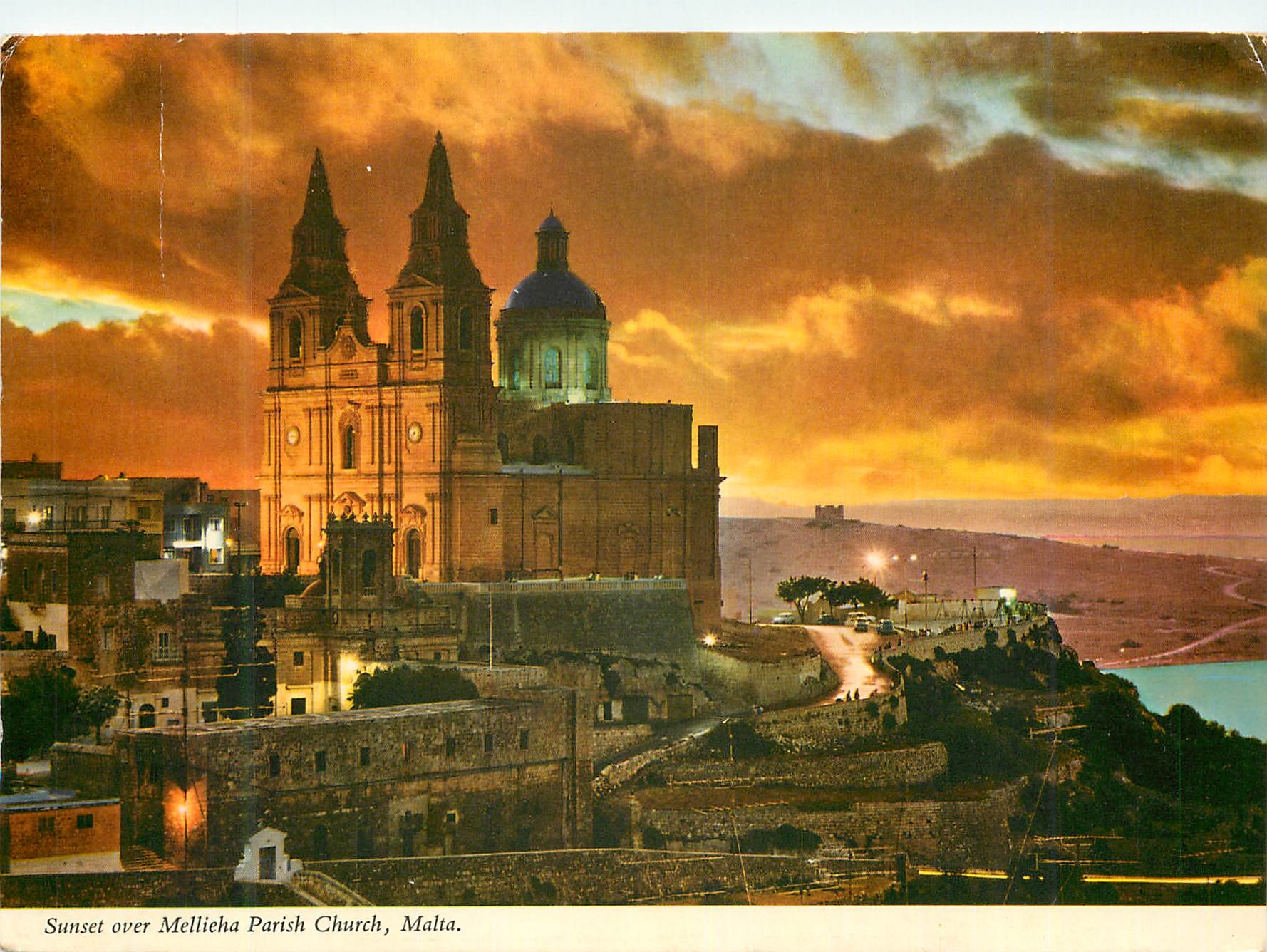 CPM Sunset over Mellieha Parish Church Malta The parish church of Mellieha dominates majestically the largest sandy beac