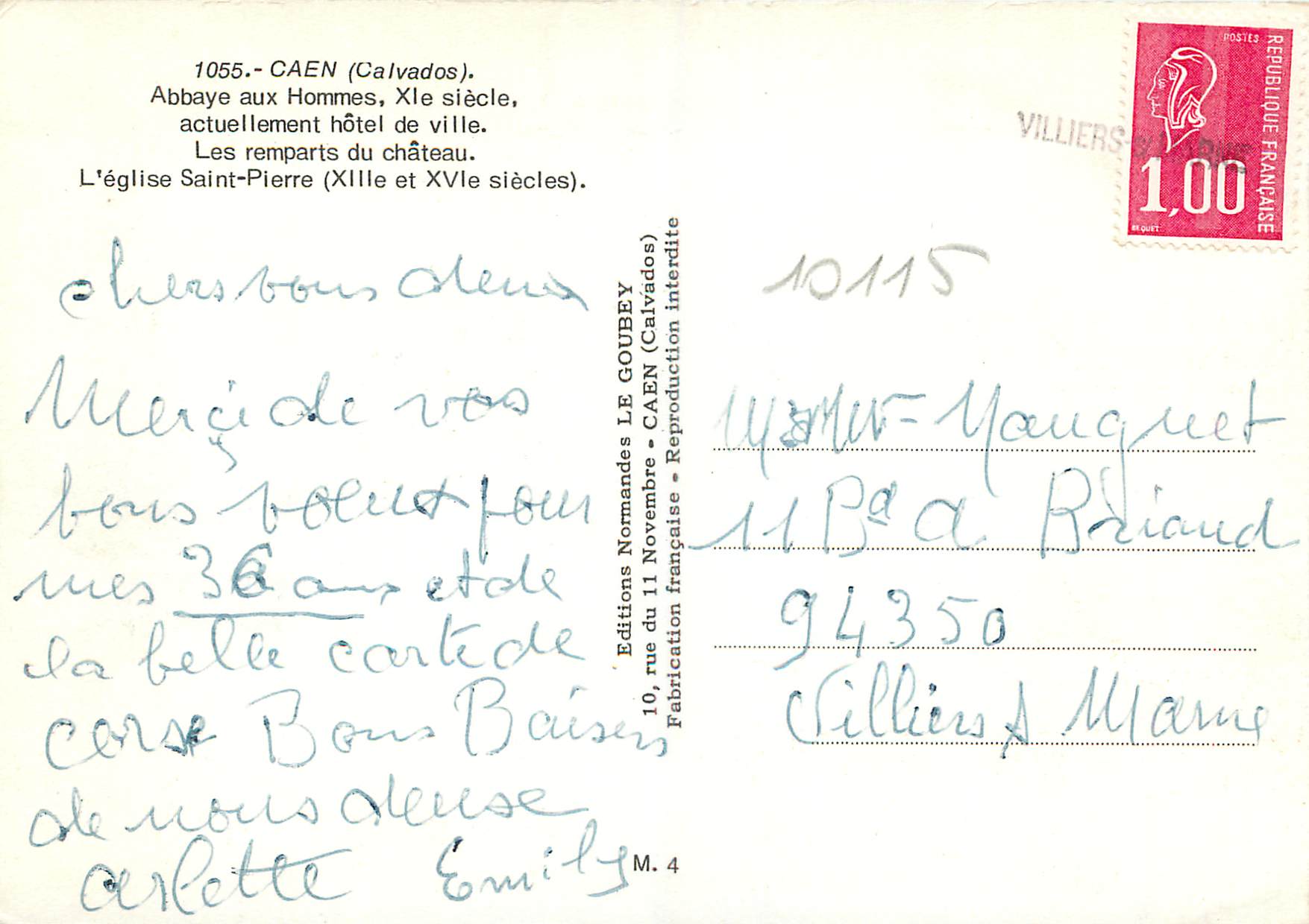 Caen — Abbaye aux Hommes, Hôtel de ville, Église Saint-Pierre — Éditions Normandes LE GOUBEY — Verso