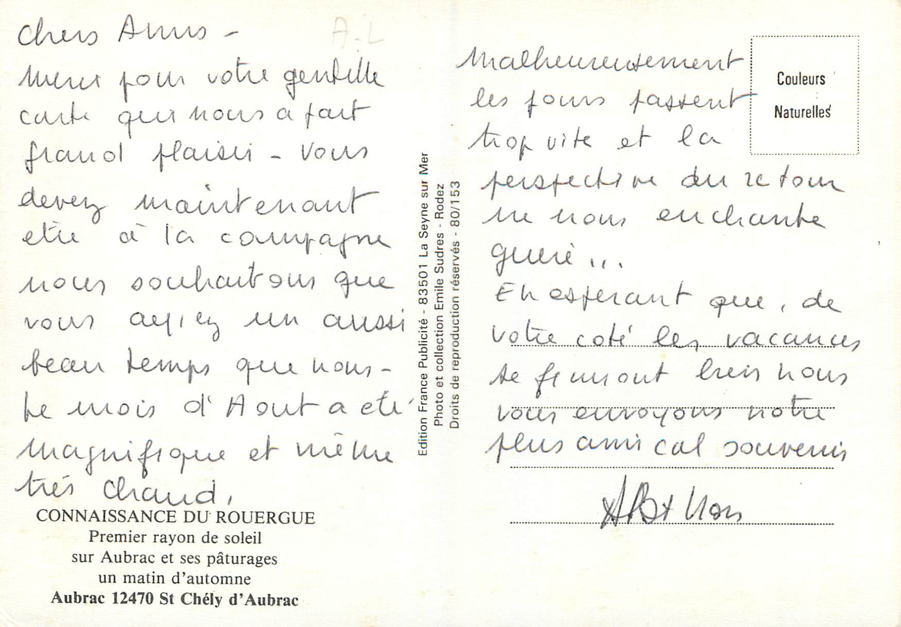 Aubrac - Premier rayon de soleil d'automne — Édition France Publicité - 83501 La Seyne-sur-Mer — Verso