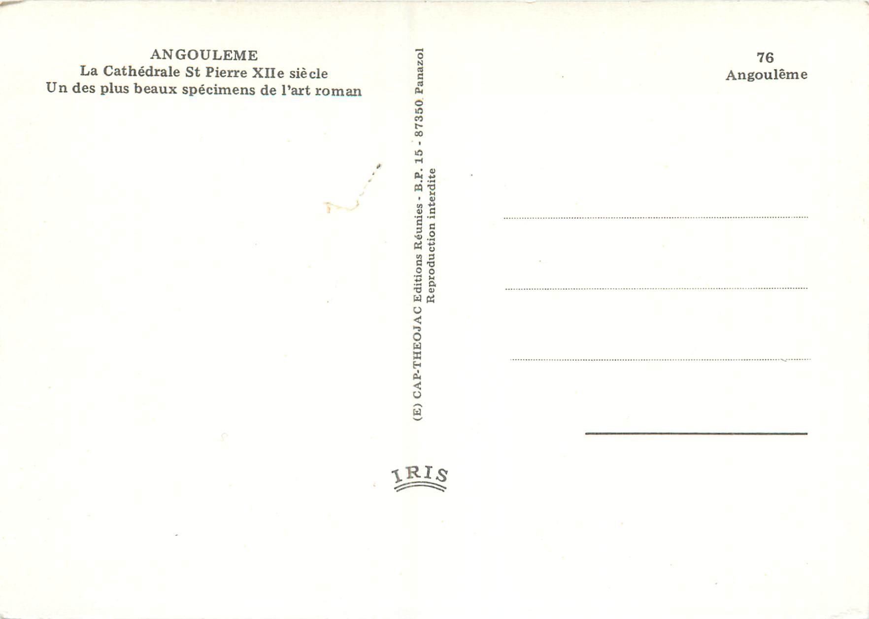 Angoulême — Cathédrale Saint-Pierre du XIIe siècle — Éditions Réunies — Verso