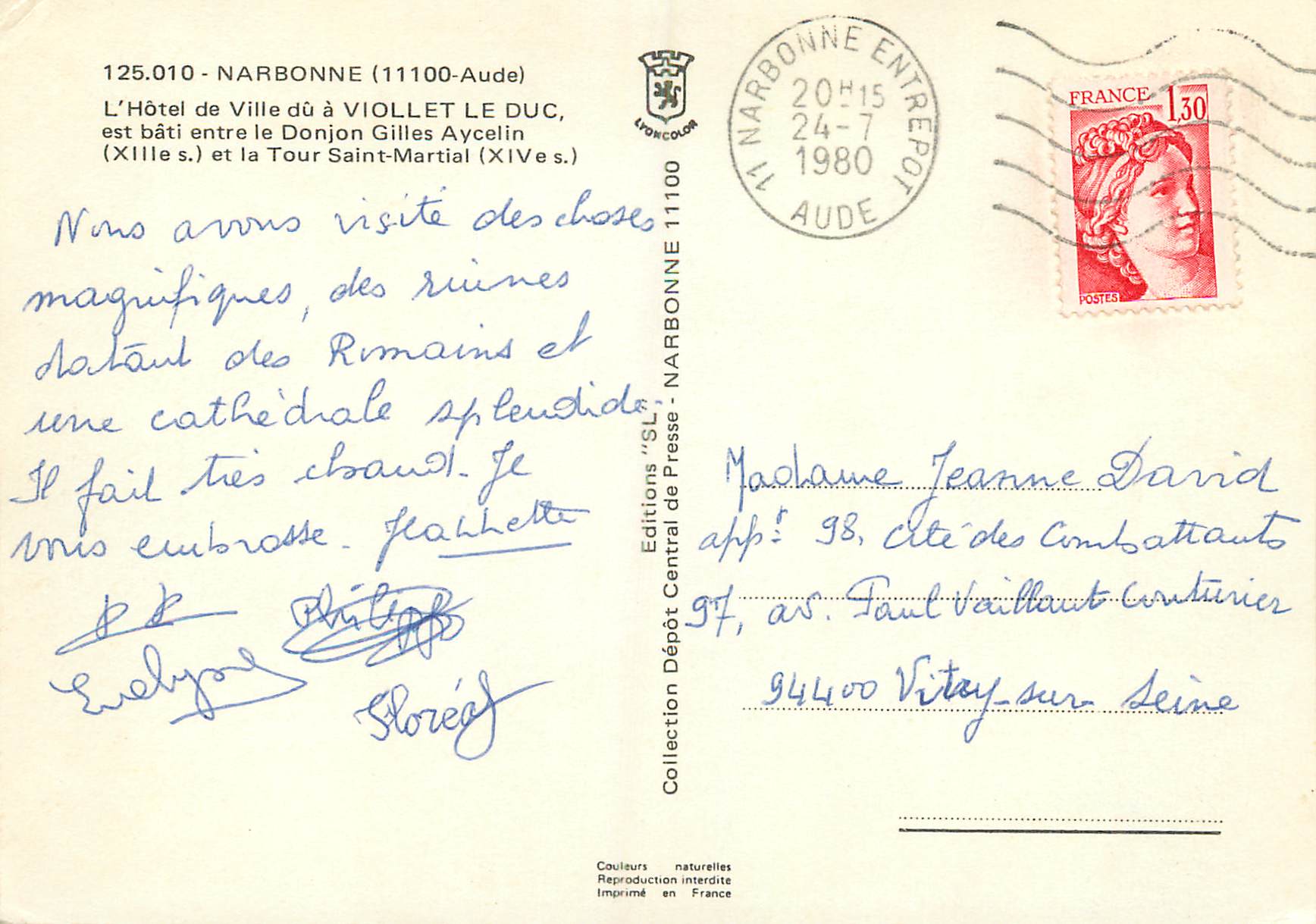 CPM Narbonne Aude L Hotel de Ville du a Viollet le Duc est bati entre le Donjon Gilles Aycelin et la Tour Saint Martial — Rückseite
