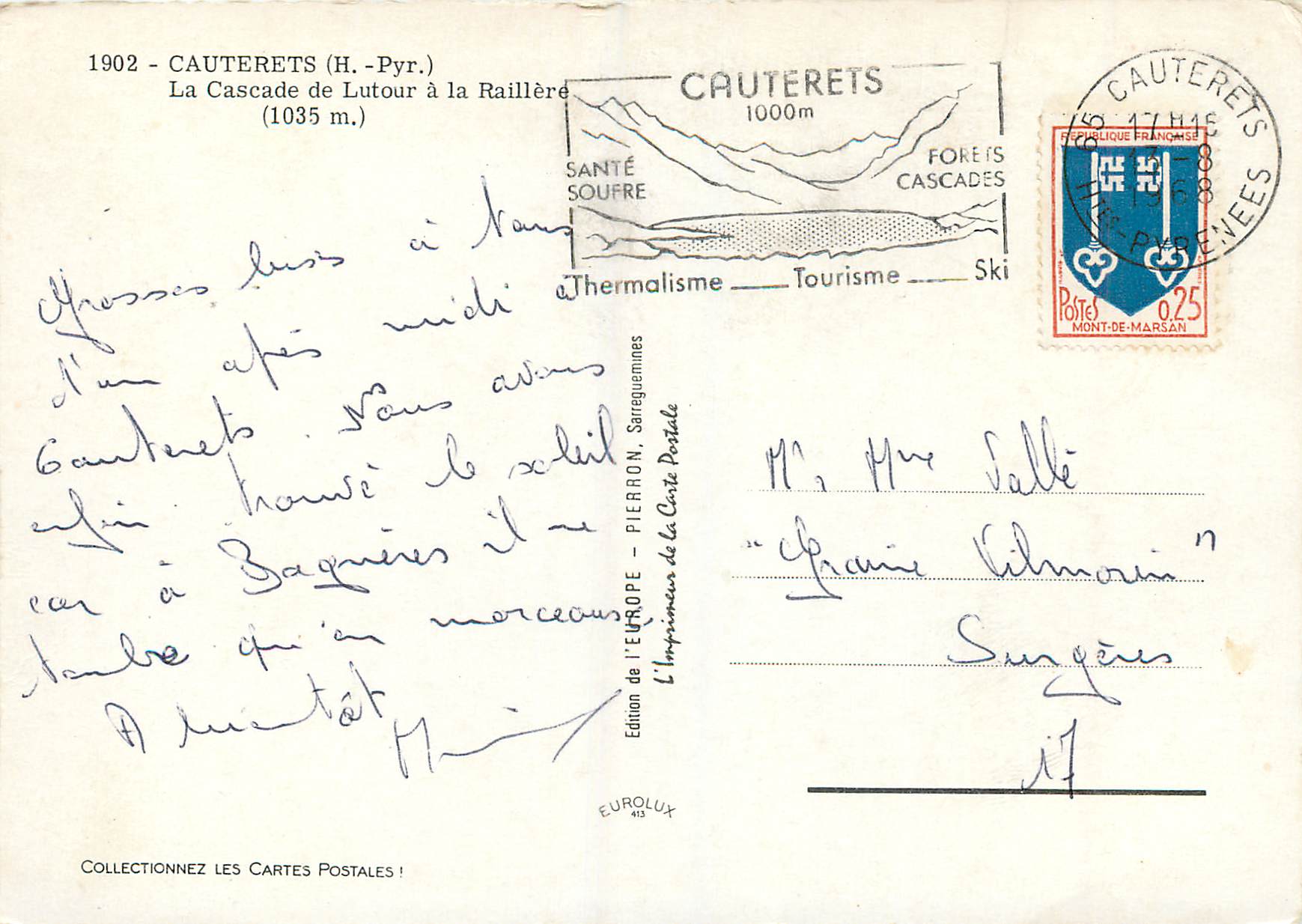CPM Cauterets (H Pyr) La Cascade de Lutour a la Raillere — Rückseite